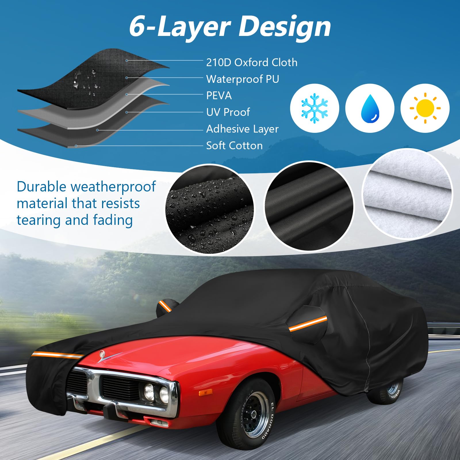 Car Cover For Dodge Charger 1968-1974, Waterproof 210D Oxford Cloth And Cotton Cover Outdoor Full Car Covers With Zipper Windpro