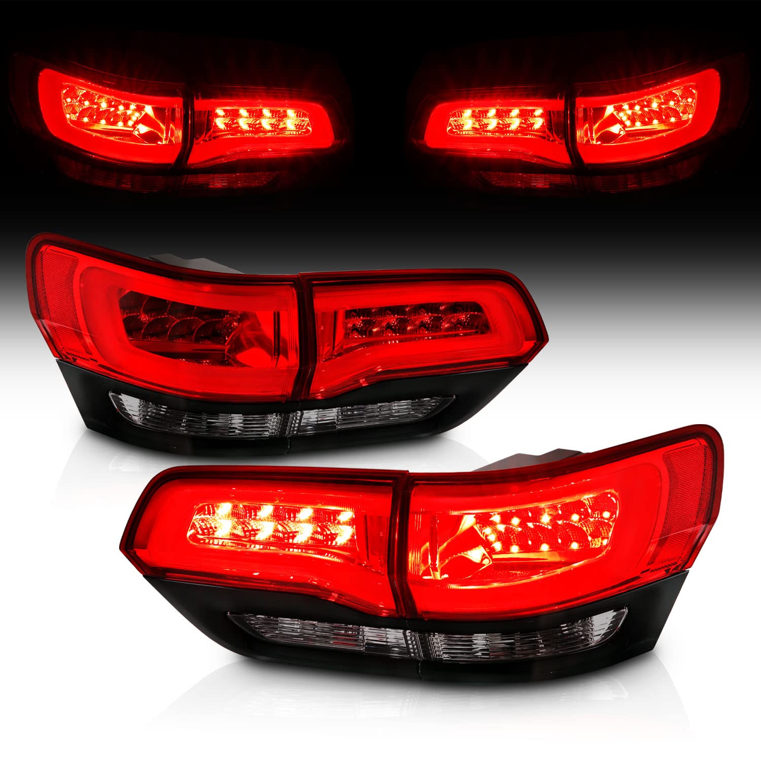 Amerilite Red/Smoke/Black Led Bar Led Brake Turn Signal Tail Lights Set For 2014-2017 Jeep Grand Cherokee (4 Pcs) - Passenger And Driver Side