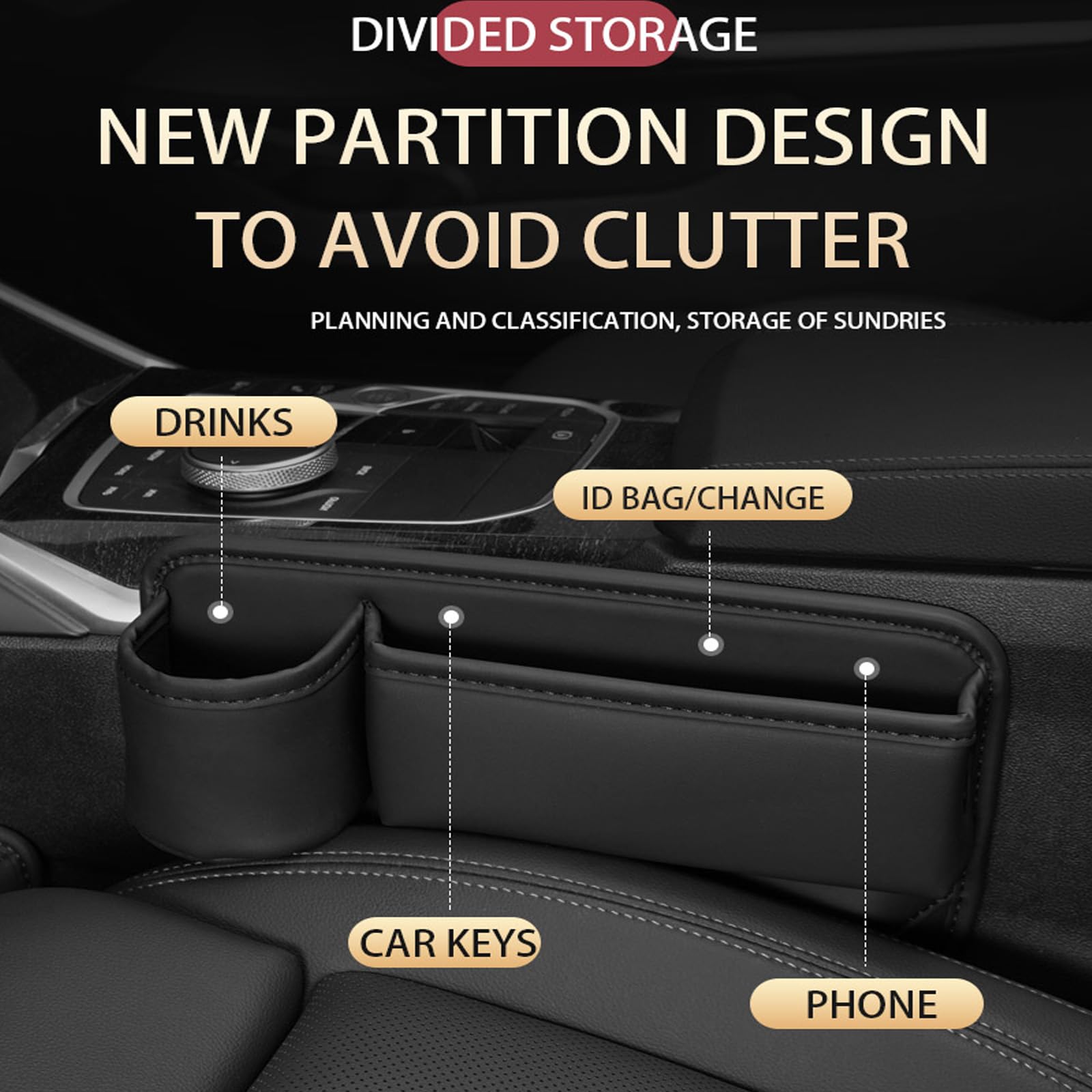 LINPING Car seat gap filler organizer,2024 Universal New Seat Gap Storage Box, Car Leather Cup Holder Gap Bag for Glasses Phones