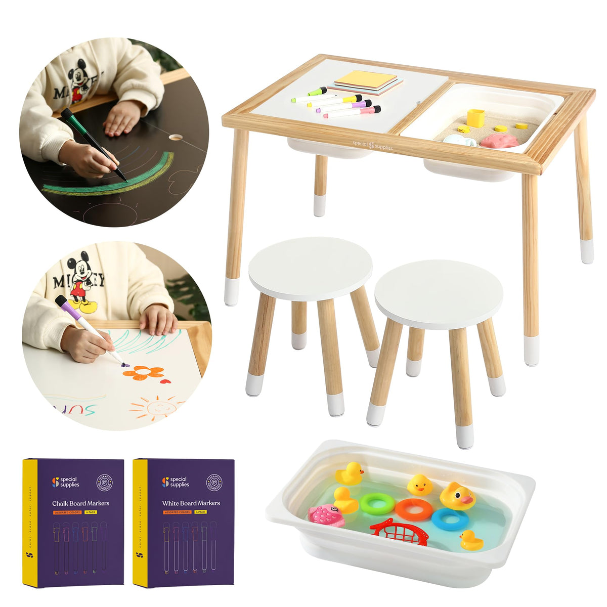 Special Supplies Kids Sensory Table Set With Deep Water And Sand Bins, Writable Lids, Chalk And Dry Erase Markers For Active, Ha