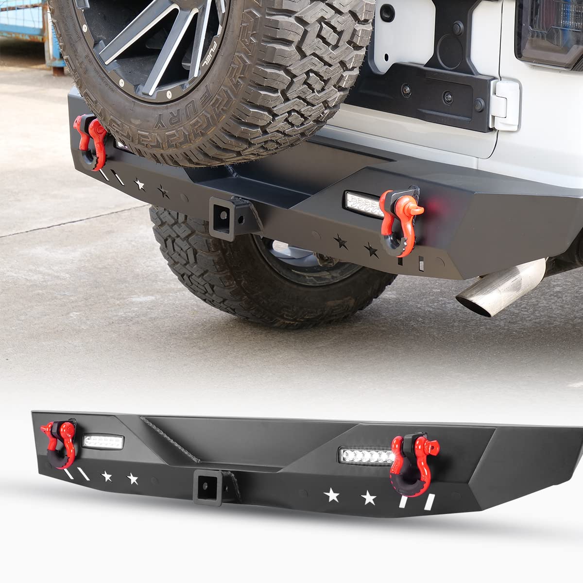 Wolfstorm Rear Bumper Compatible With 2018 2019 2020 2021 2022 2023 Jeep Wrangler Jl 2-Doors & 4-Doors, Full Width Jl Rear Bumper W/ 2 Led Lights, 2 D-Ring Shackles, Tow Hook & 2'' Hitch Receiver