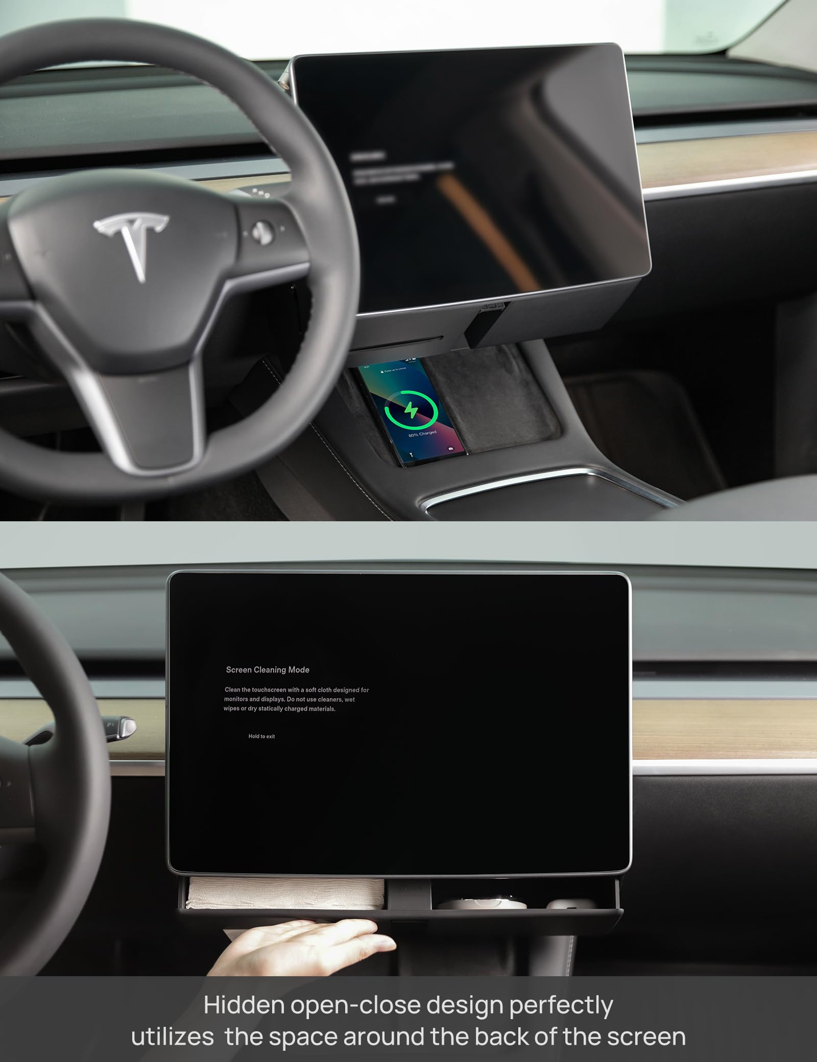 TPARTS Hidden Magnetic (Under Screen) Storage Box for Model 3/Y with Open-Close Design Tesla Center Console Organizer Dashboard