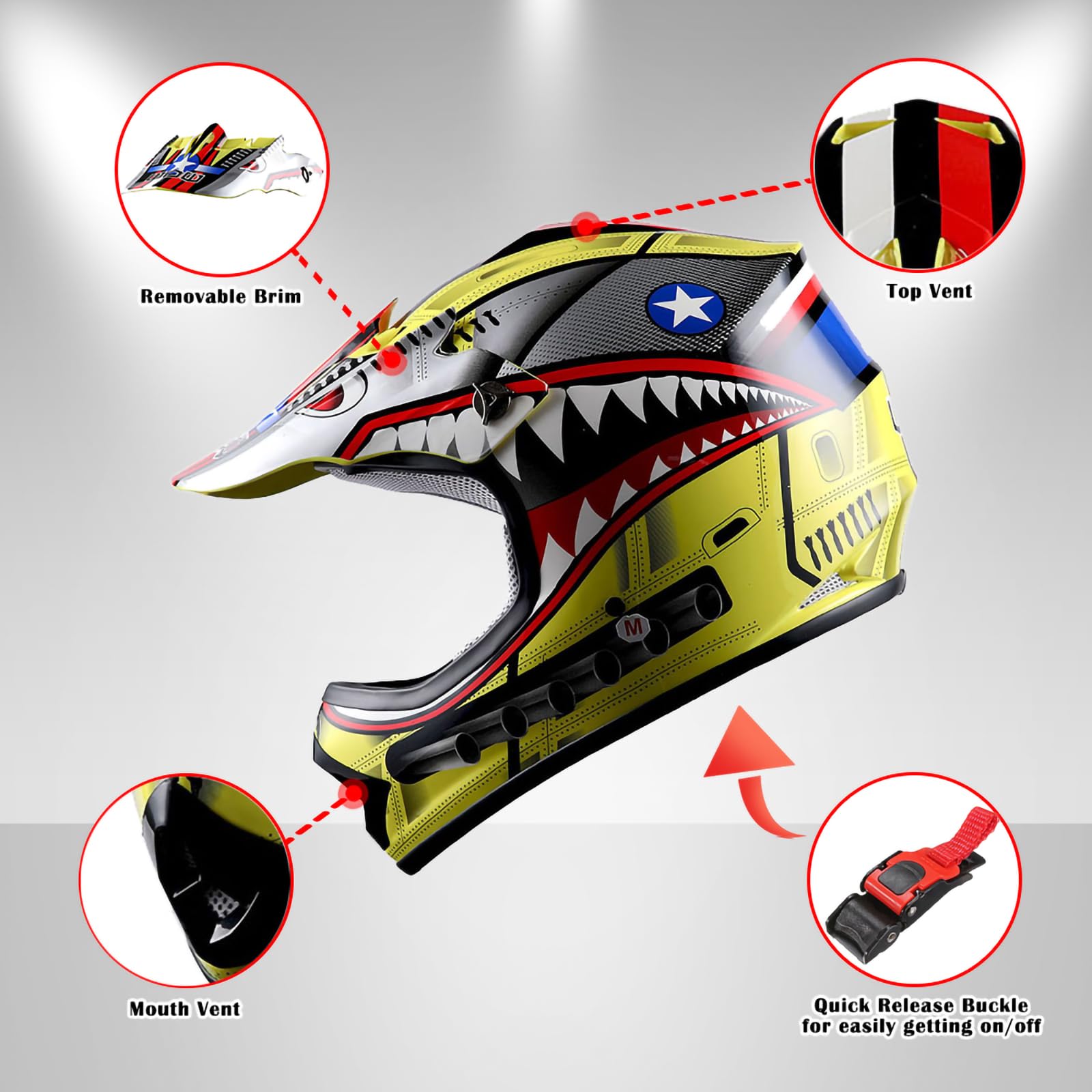 WOW Youth Kids Motocross BMX MX ATV Dirt Bike Moutain Helmet Shark Yellow