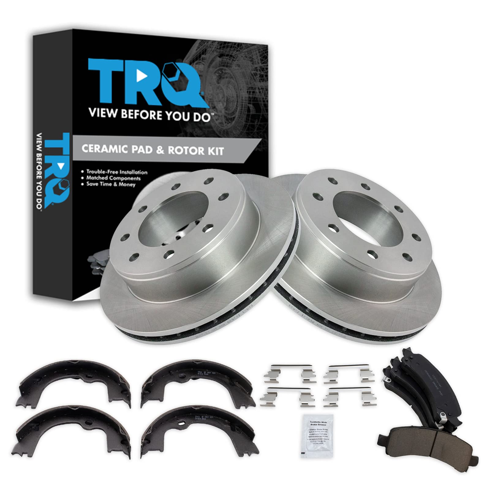 Trq Rear Brake Pad & Rotor Kit Brake Pads Brake Rotor Parking Brake Shoe Set Ceramic Compatible With 2009-2020 Chevrolet Express