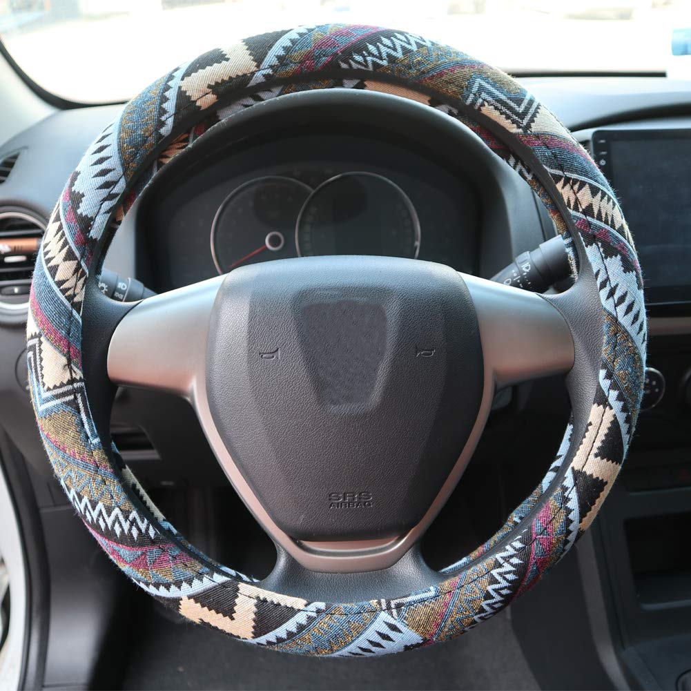 Shiawasena Car Steering Wheel Cover, Coarse Flax Cloth, Ethnic Style, Universal 15 Inch Fit, Anti-Slip Sweat-Absorbent (I#)