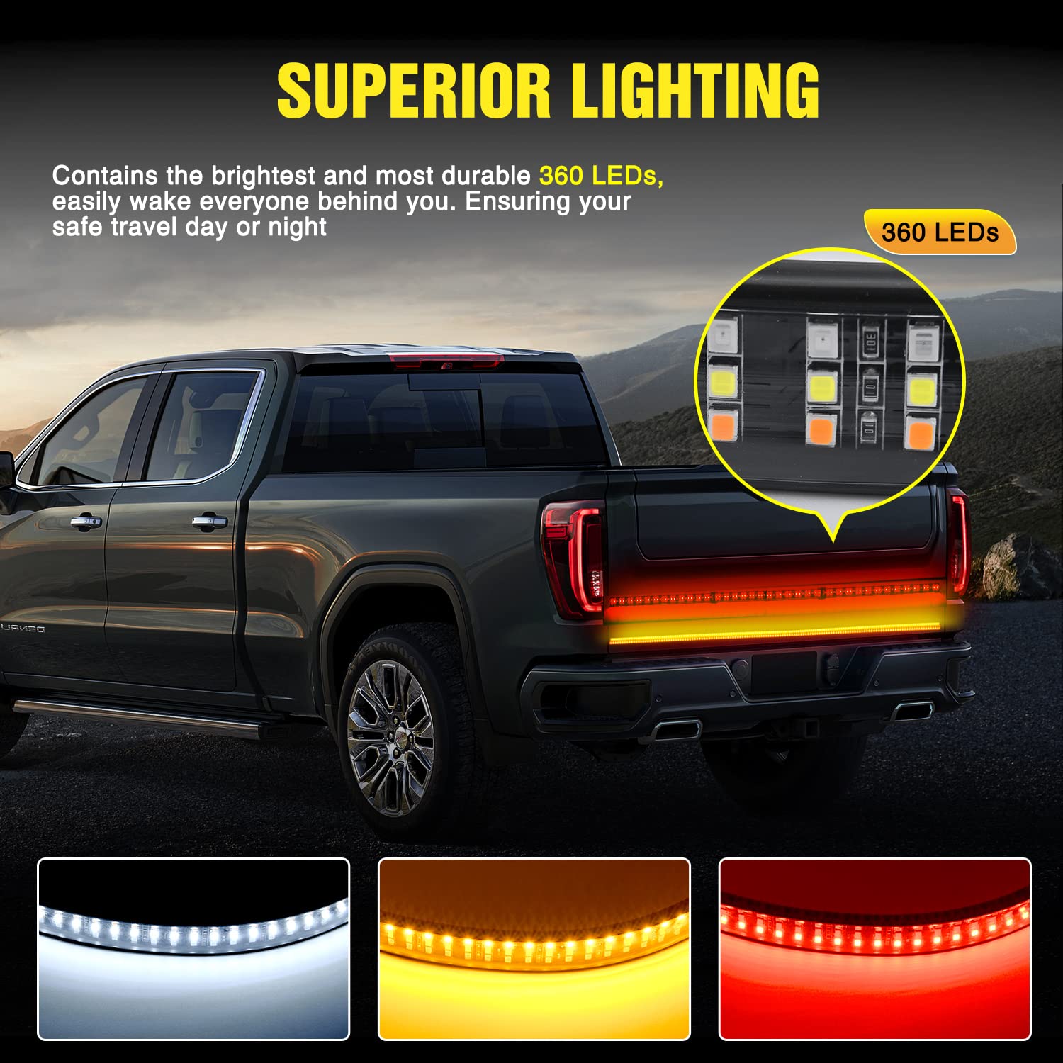 Nilight Truck Tailgate Light Strip 48'' Triple Row 360 Led Strip With Red Running Brake Lights White Reverse Light Amber Turning