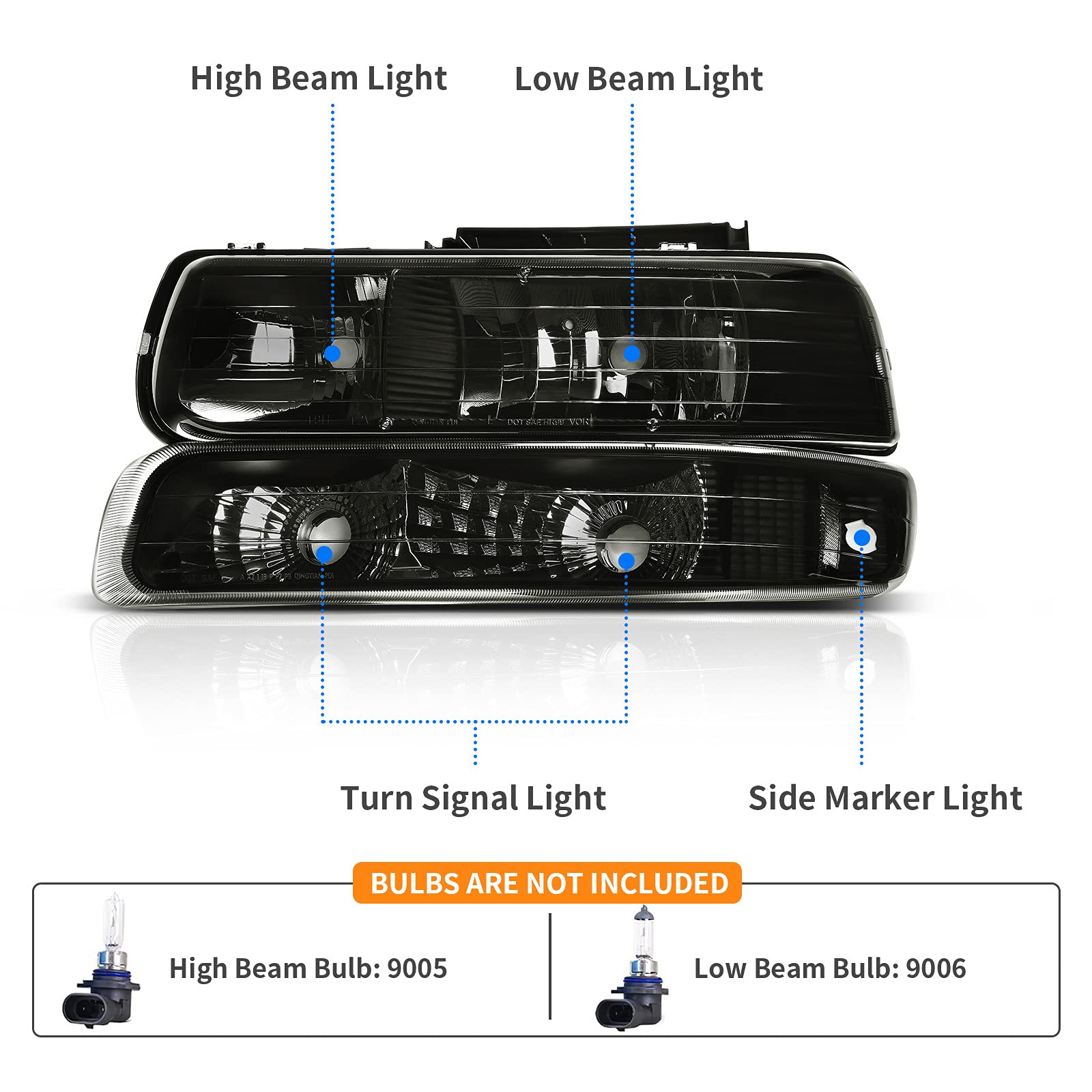 Dwvo Headlights Assembly With Bumper Lights Compatible With 1999-2002 Chevy Silverado/2000-2006 Tahoe Suburban Headlamp Smoke Le