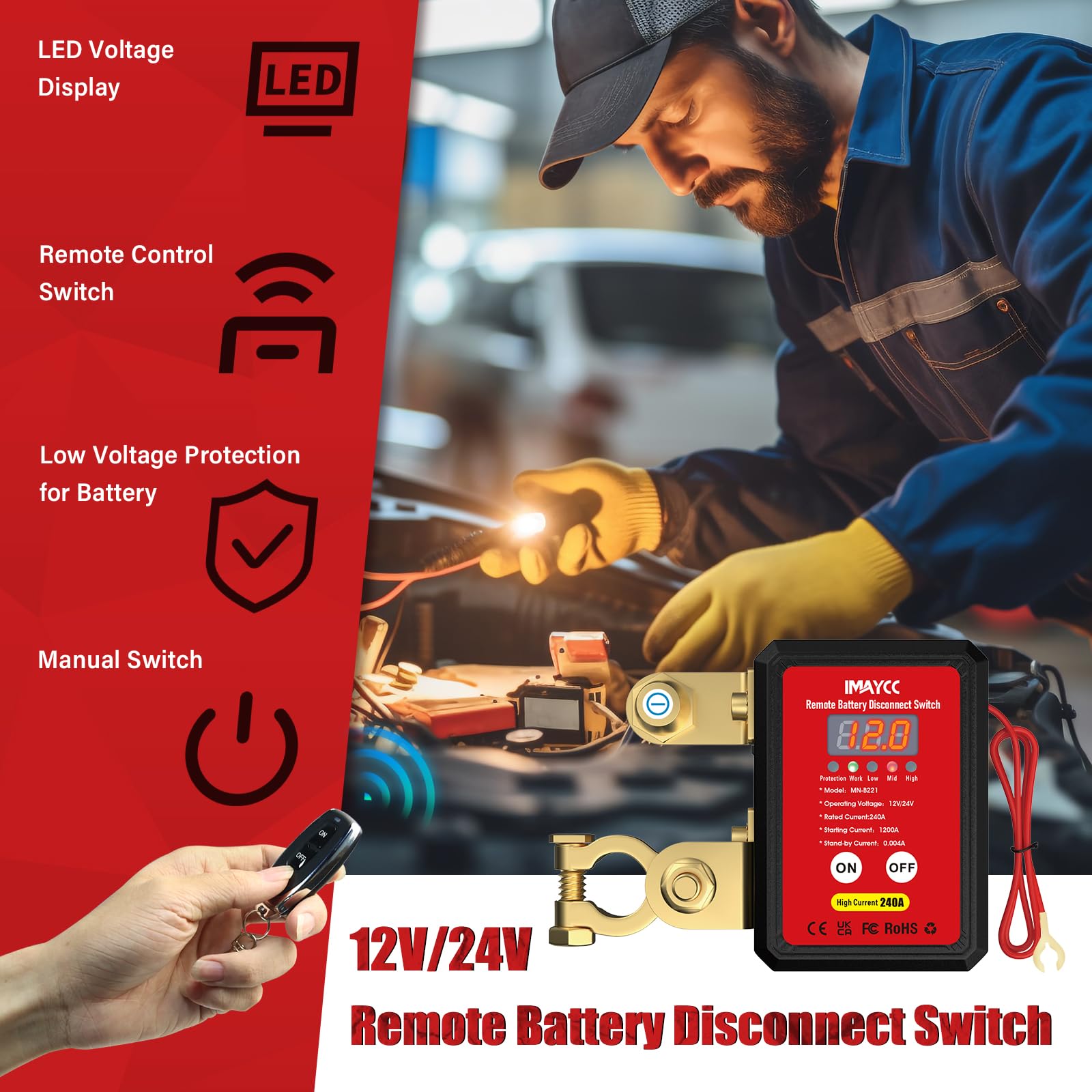 Imaycc Remote Battery Disconnect Switch 12V, Kill Switch For Car With Led Voltage Display, Car Battery Kill Switch Anti Theft, B