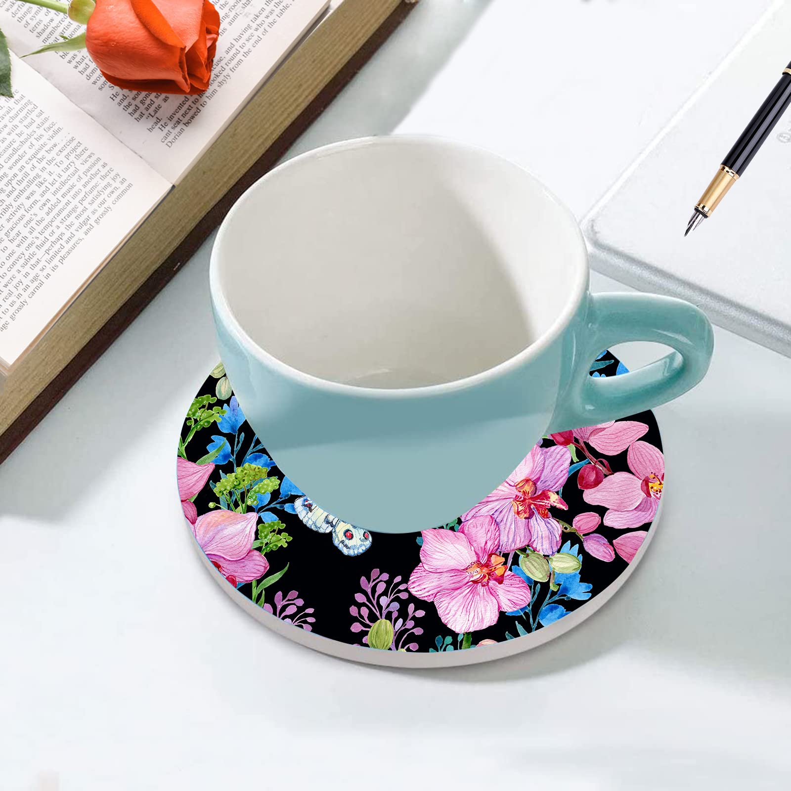 Beautiful Butterfly Steering Wheel Cover for Women Men with 2 Pcs Car Coasters, Universal 14.5-15 Inch Flowers Steering Wheel Co