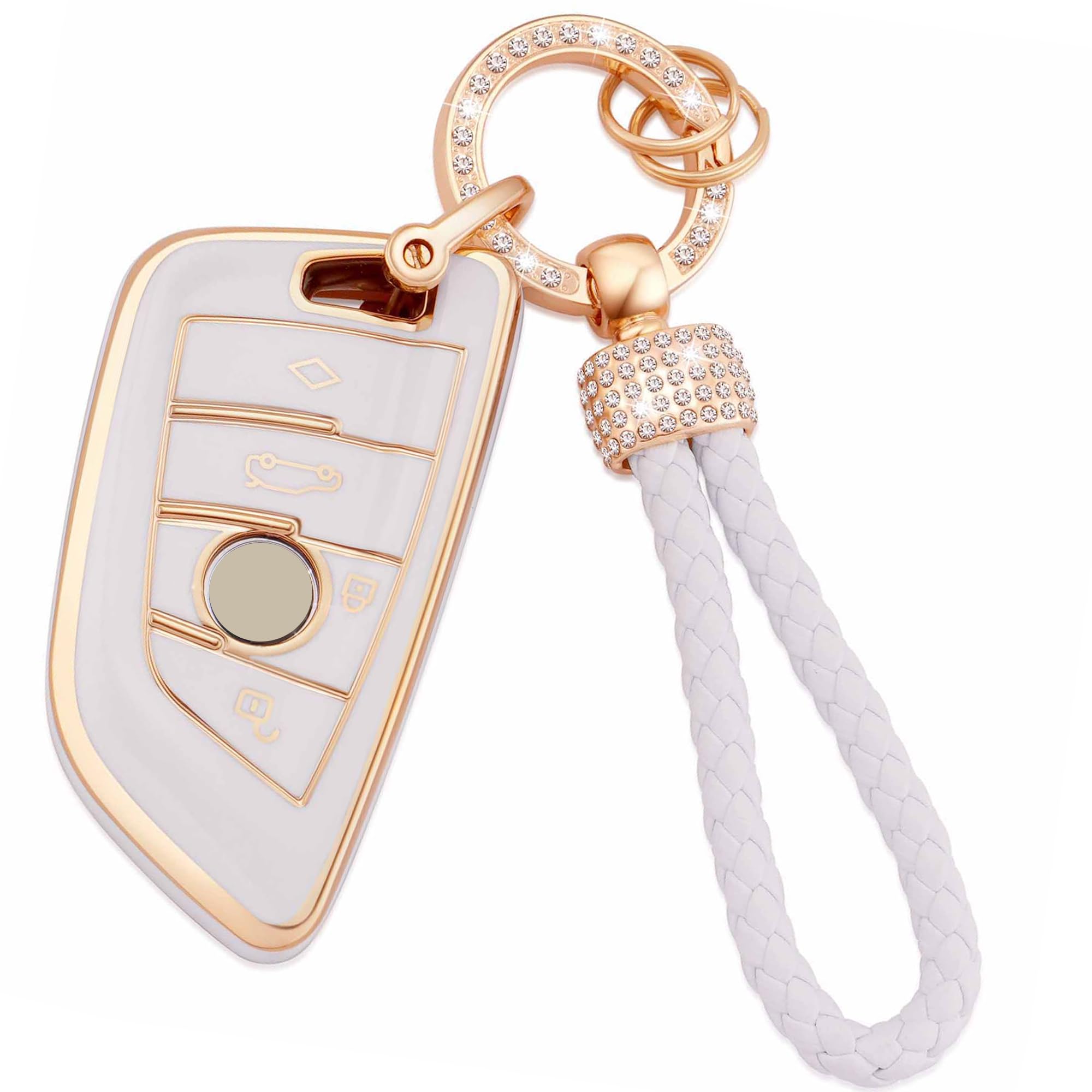 Ekala For Bmw Key Fob Cover Soft Tpu Full Protection Smart Key Case Shell White With Keychain Lanyard Fit For Bmw X1 X2 X3 X5 X6 2 5 6 7 Series 3 4 Buttons Smart Key Fob Case(Bm-4D)