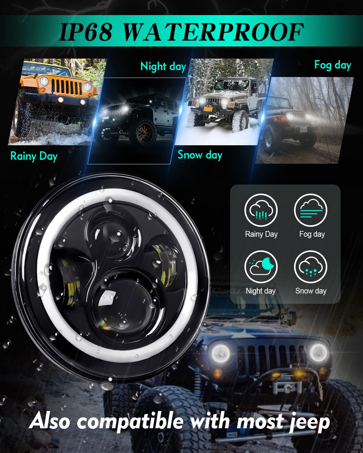 Zimablue 7 Inch Led Headlight Round 2Pc Projector 7 Inch Halo Led Headlight H6024 Dot Approved Hi/Lo Beam Drl Amber Turn Signal