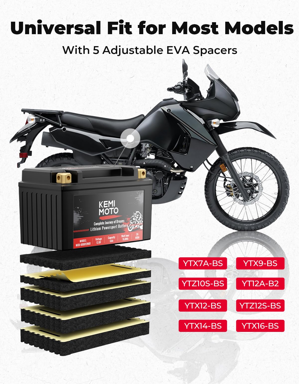 Kemimoto Lithium Motorcycle Battery Ytx14-Bs/Ytx9-Bs, Lifepo4 Lithium Battery 12V 6Ah, Pre-Charged Powersports Battery, With 5 U