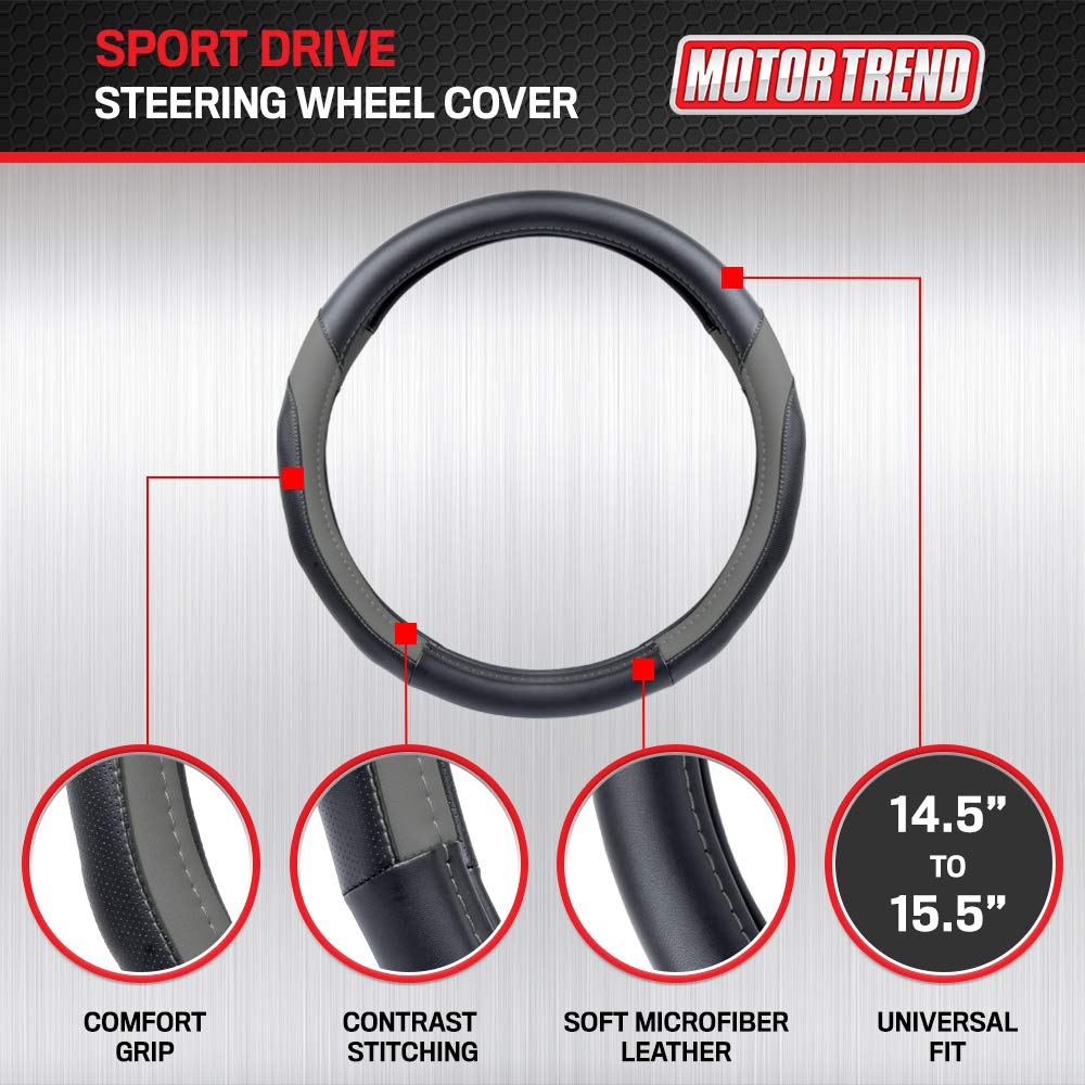 Motor Trend Sportdrive Faux Leather Steering Wheel Cover, Standard 15 Inch Size, Two-Tone Black & Light Gray, Car Steering Wheel