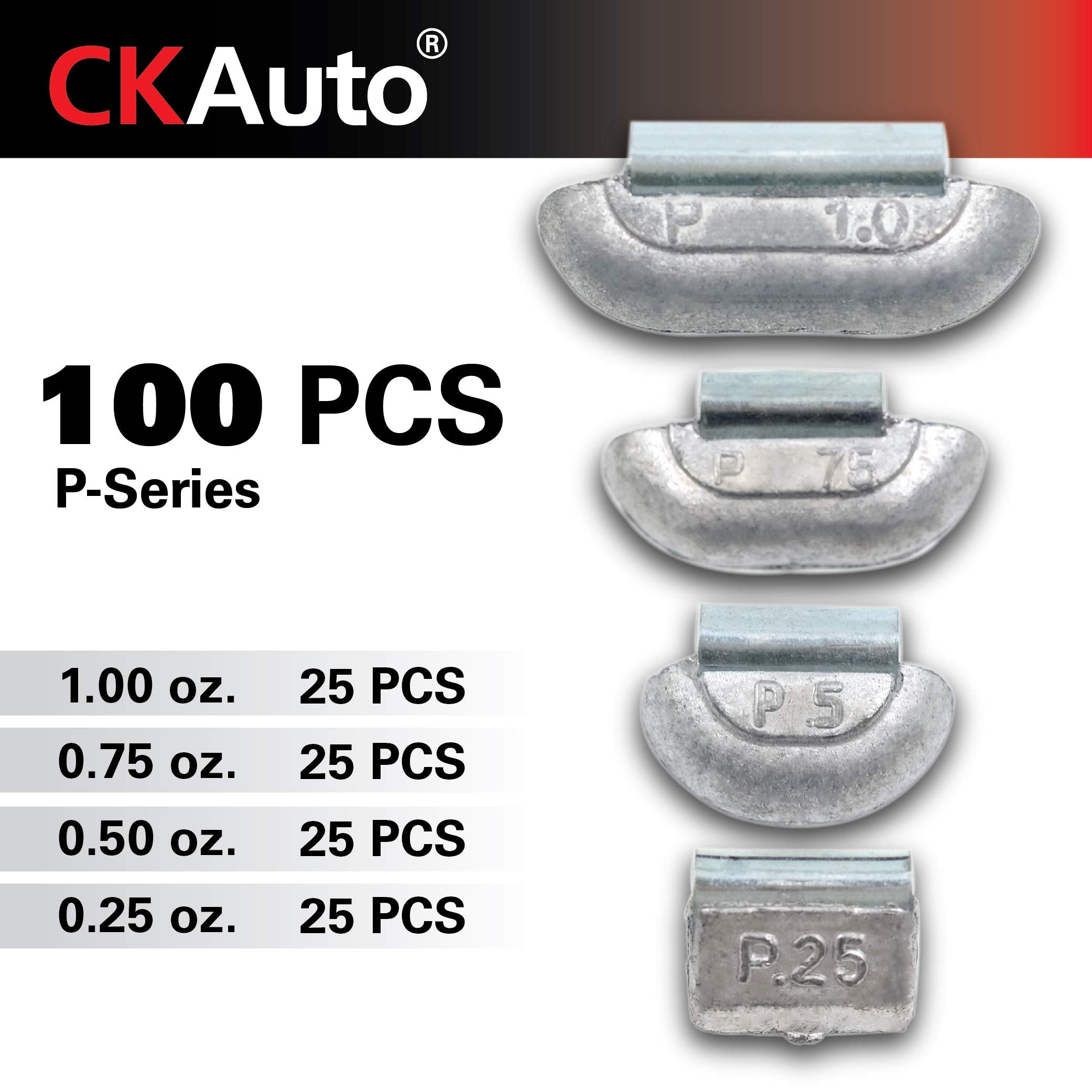 Ckauto 100Pcs P Type Lead Clip On Wheel Weights Assortment, 0.25Oz, 0.5Oz, 0.75Oz, 1.0Oz, 25Pcs For Each Style, Uncoated