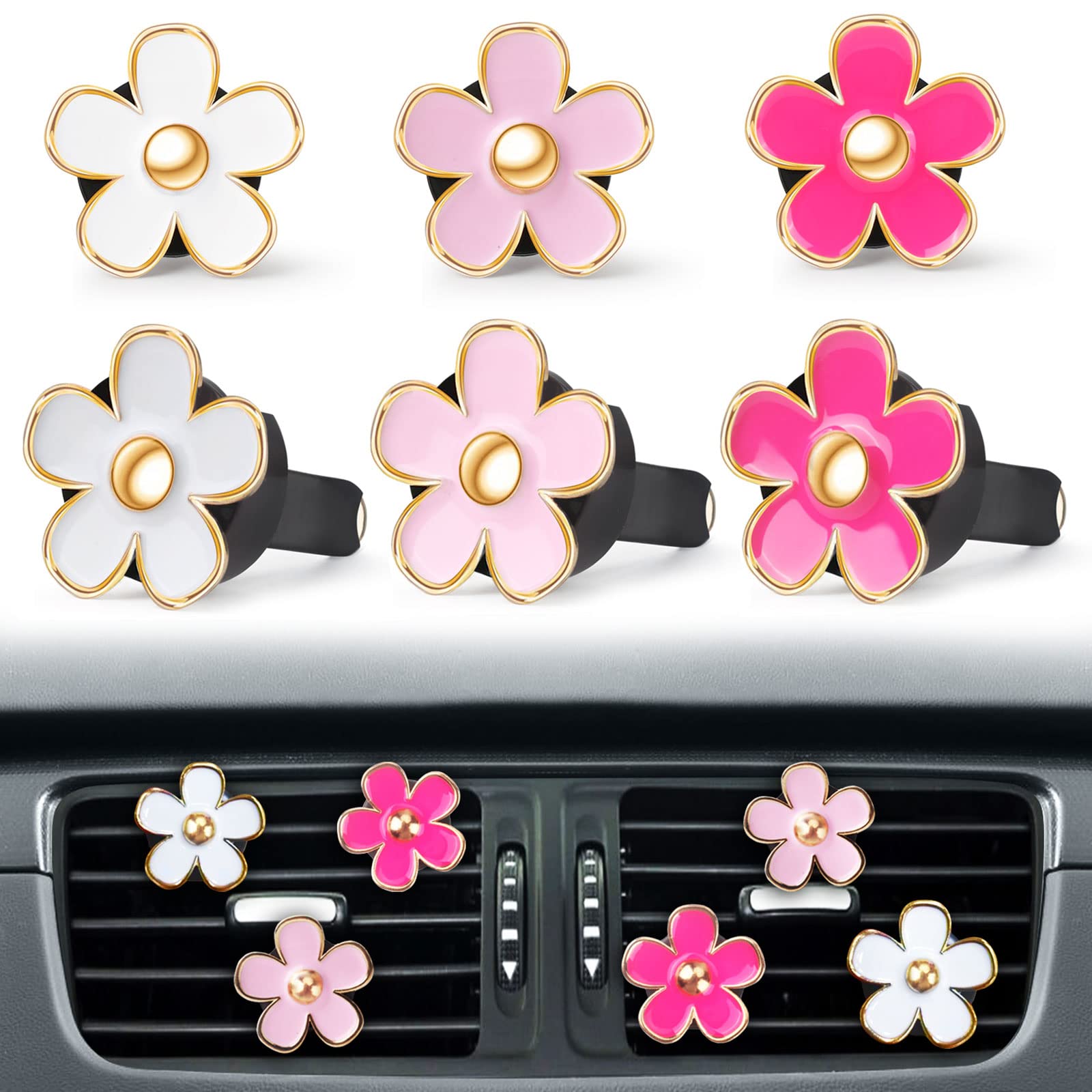 Pink Car Accessories For Women Teen Girls 6Pcs Cute Auto Scent Air Fresheners Vent Clips Girly Daisy Flower Decorations Interior