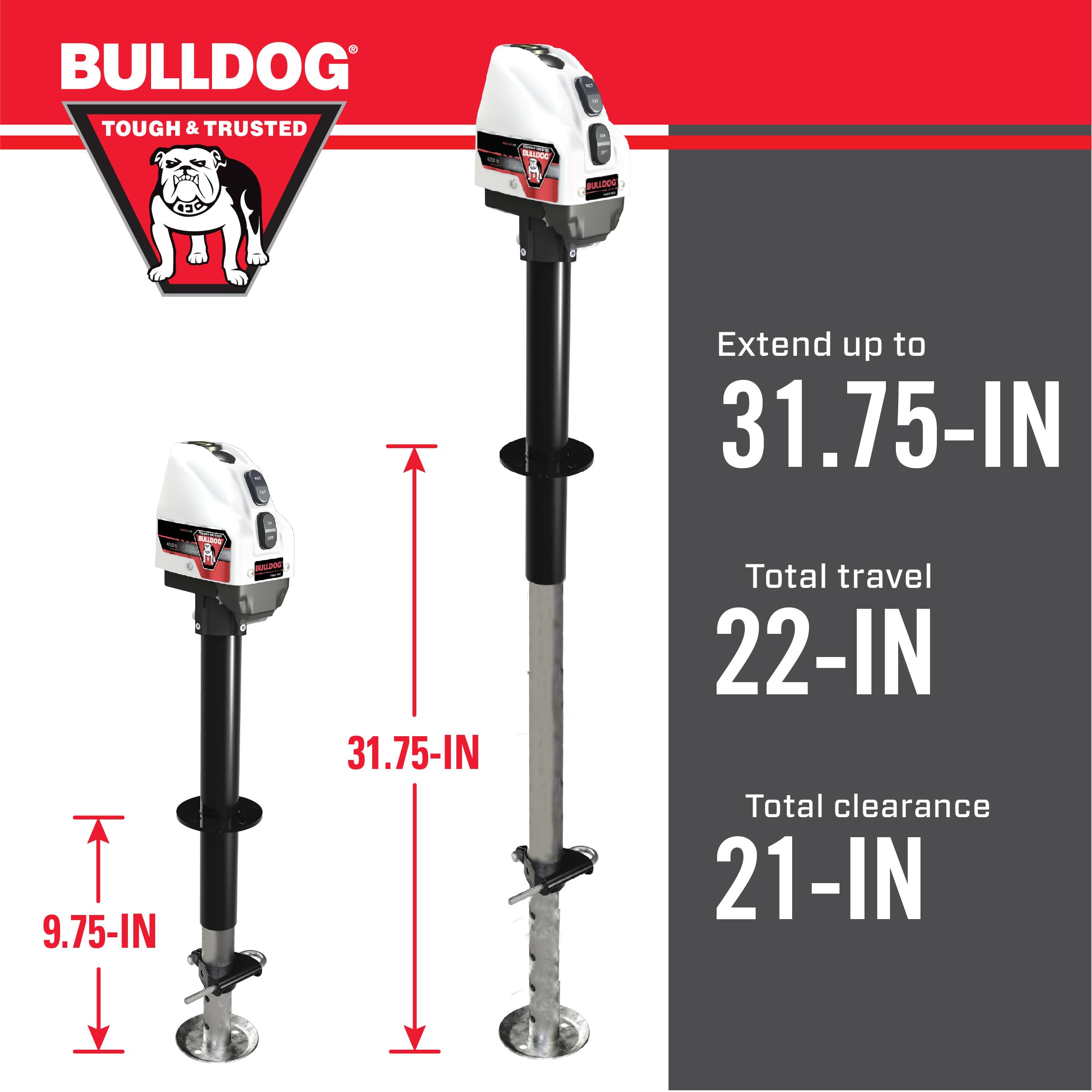 Bulldog Cases 500200 Powered Trailer Jack, A-Frame, 4,000 Lbs. Lift Capacity, Bolt-On, 22 Inch Travel