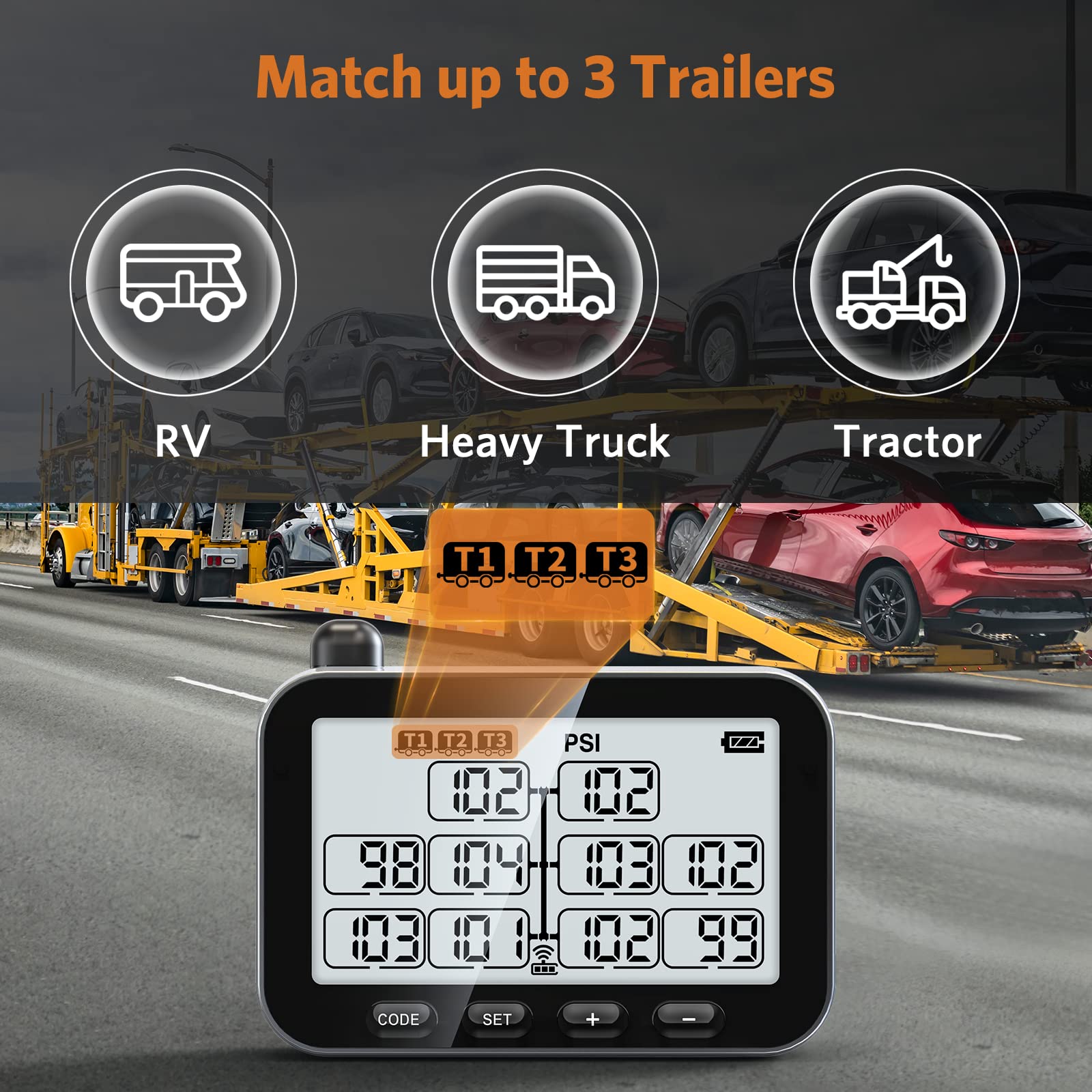 GUTA RV TPMS Trailer Tire Pressure Monitoring System, 10 Sensors, Gray, Model GT30+10GS02+GB30, 6 Alert Modes, Long Sensing Distance