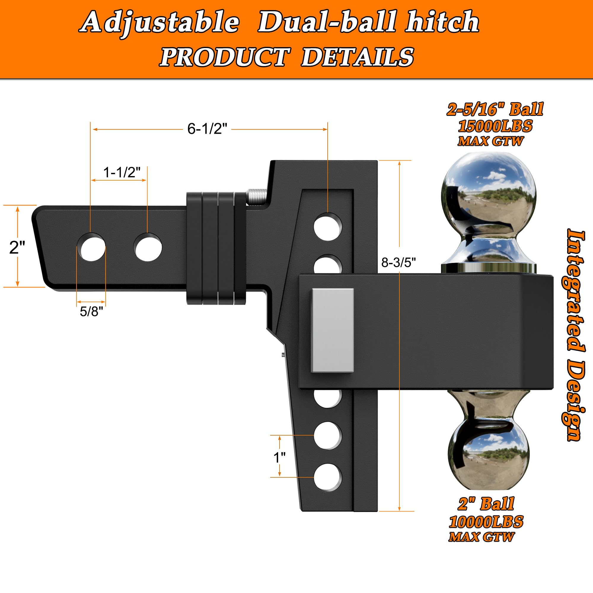 VNN Adjustable Drop Hitch - 6" Drop, 2" Receiver, Heavy Duty Aluminum, Black, 15,000 LBS GTW, Model VN12