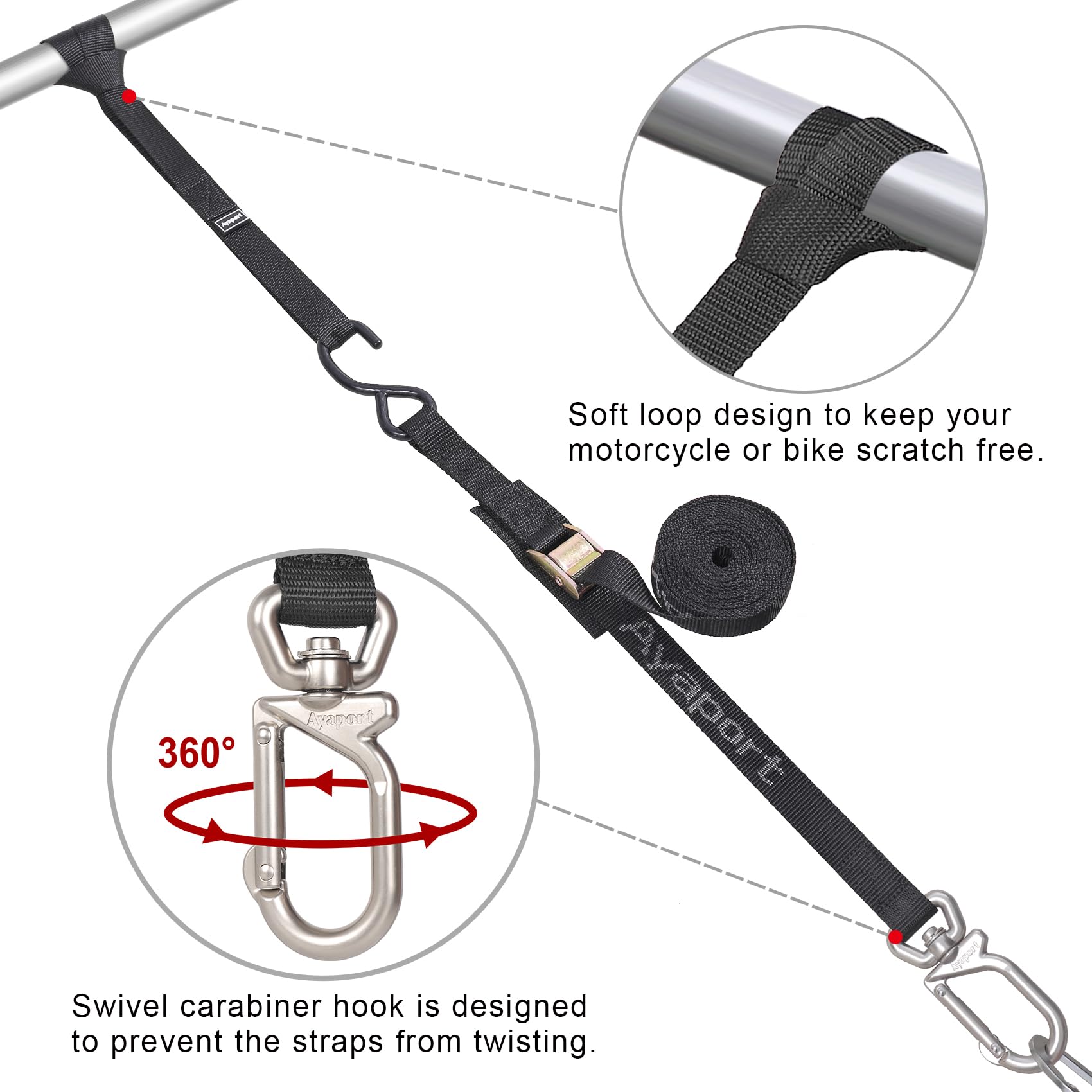 Ayaport Cam Buckle Tie Down Straps 10 Feet With Swivel Carabiner Hook For Motorcycle, Kayak, Car, Truck, Dirt Bike