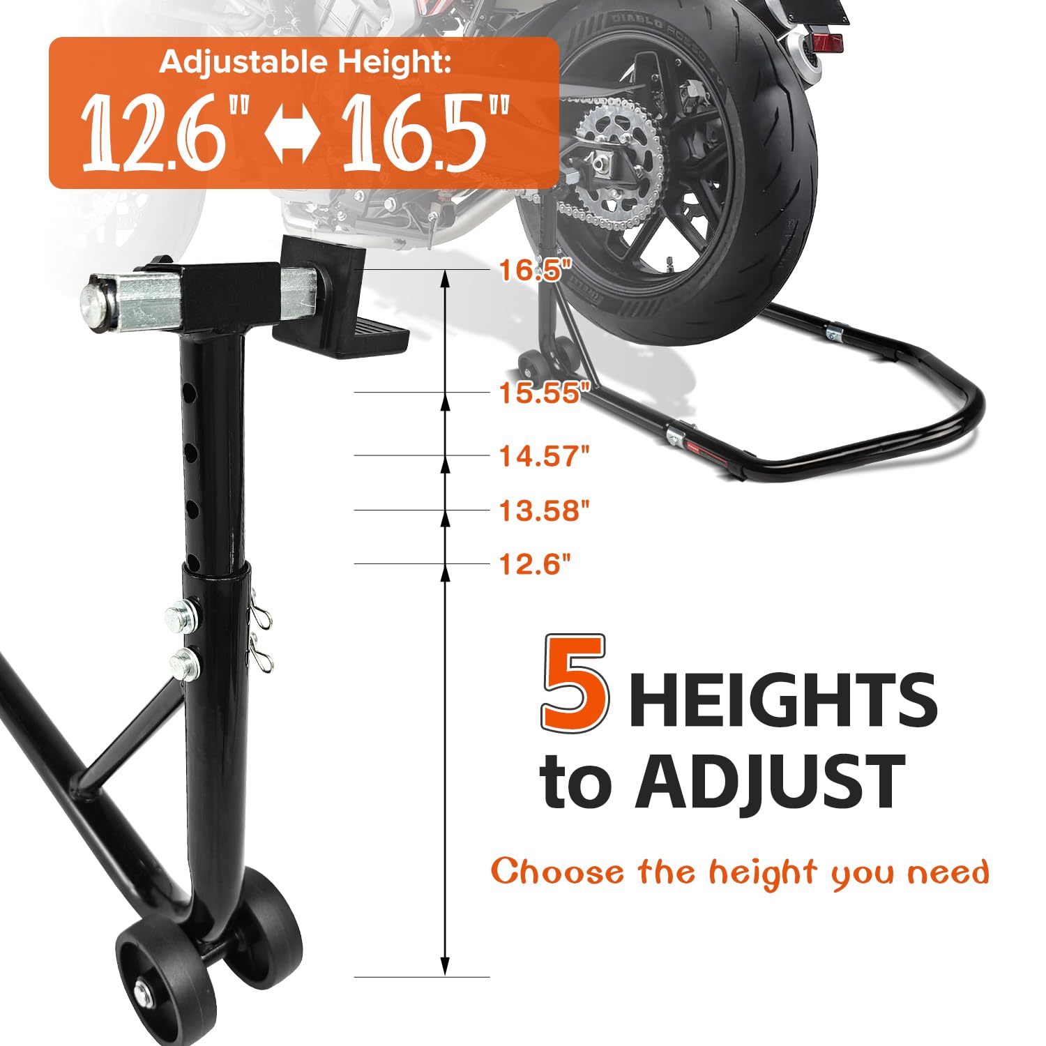Donext Motorcycle Stand 850Lb Adjustable Sport Bike Rear Wheel Lift Swingarm Paddock Stands Black, 5 Adjustable Heights, L