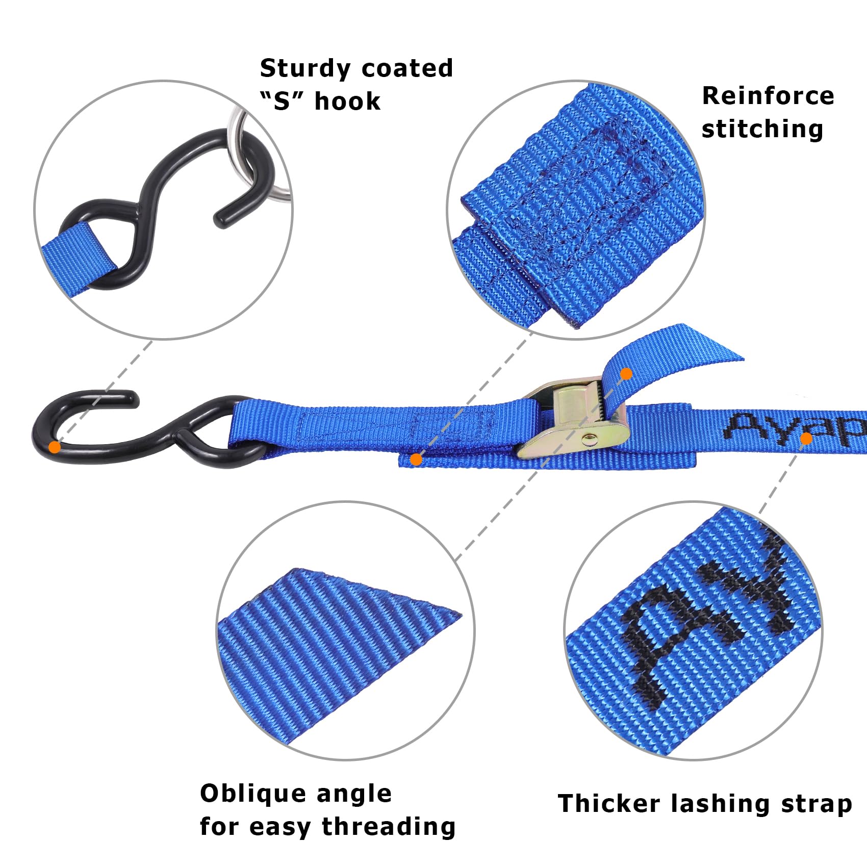 Ayaport Cam Buckle Tie Down Straps 10 Feet 2200Lbs Break Strength Blue Securing Straps With S Hooks For Motorcycle, Kayak, Car,