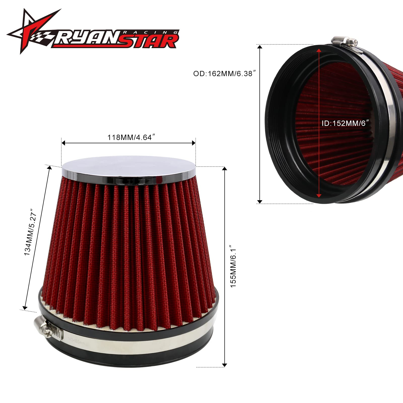 RYANSTAR RACING 152mm 6'' High Flow Round Tapered Cone Closed-Top Washable Clamp-On Dry Air Filter Short 155mm Tall