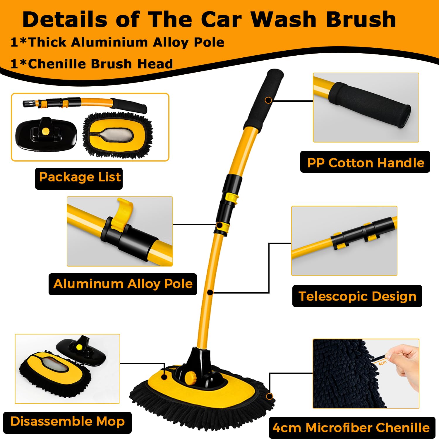 15Curved Car Wash Brush With Long Handle 43'' Extension Pole Rv Truck Microfiber Cleaning Mop Auto Suv Wheel Boat Exterior Inter