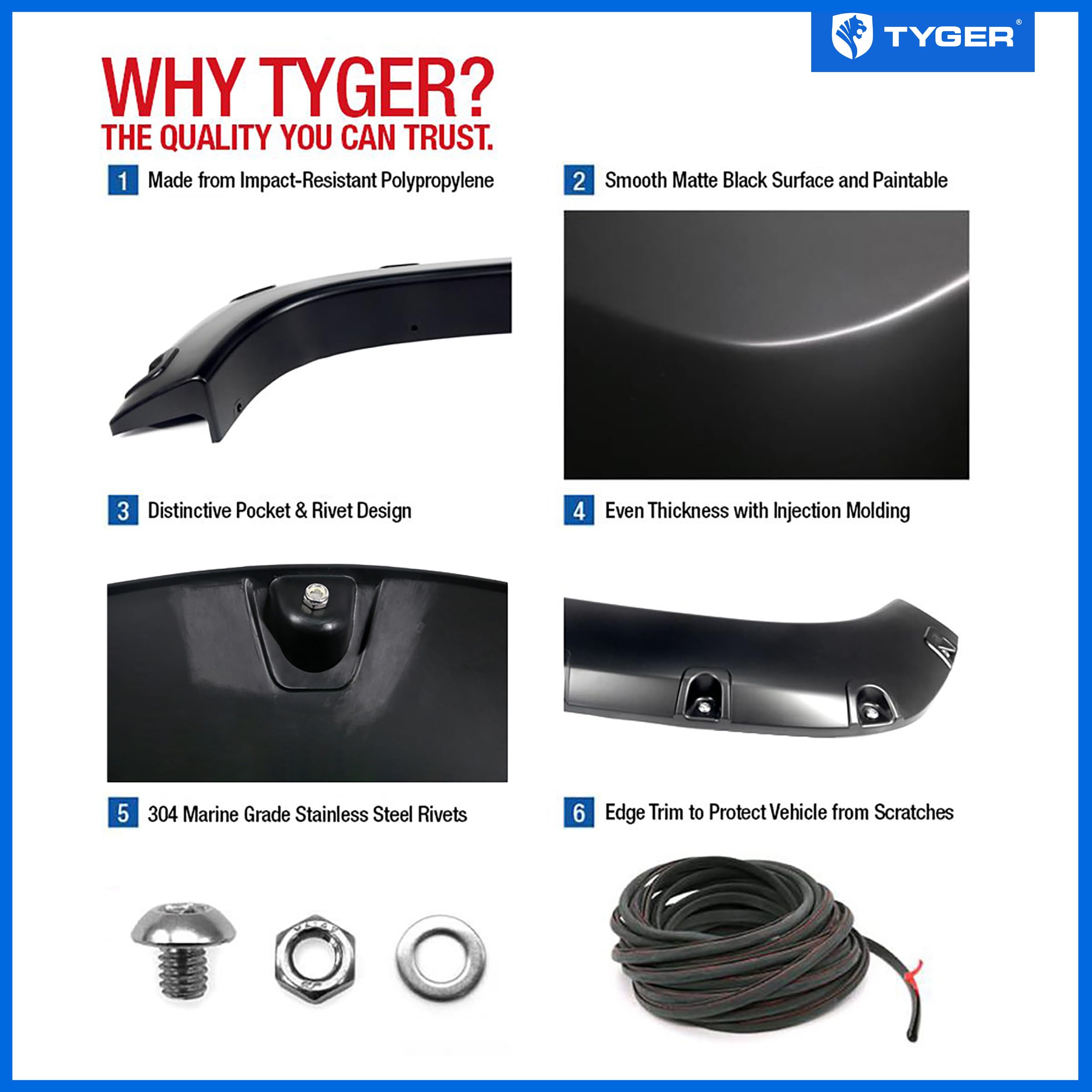 Tyger Auto Fender Flares Compatible with 2014-2018 Chevy Silverado 1500 5.8' Bed, Smooth Textured Paintable Bolt-Riveted Style 4