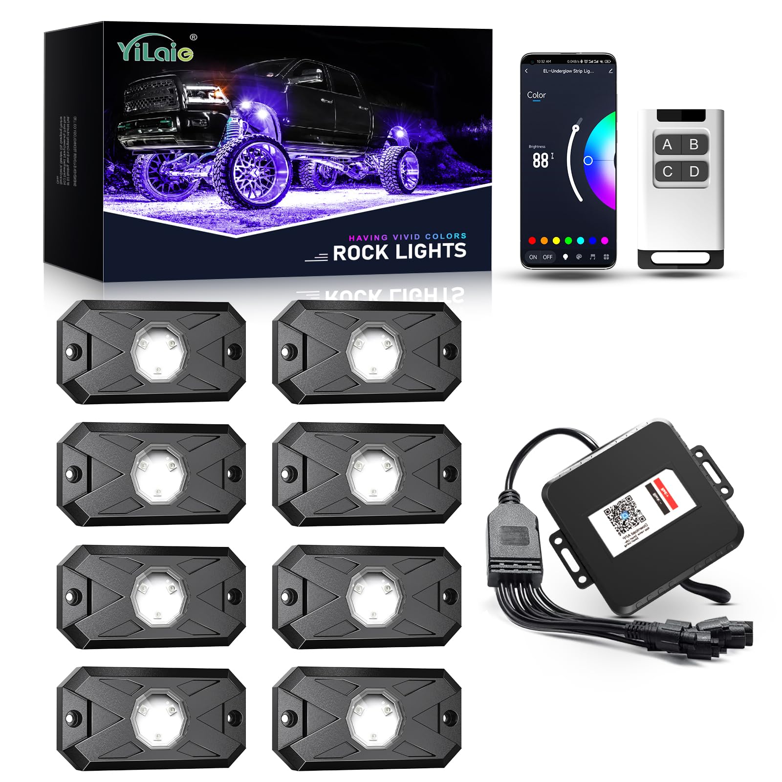 Yilaie Rgb Led Rock Lights Kit 8Pods With App/Rf Remote Control, Upgraded Underglow Multicolor Led Light Pod With Flashing Music
