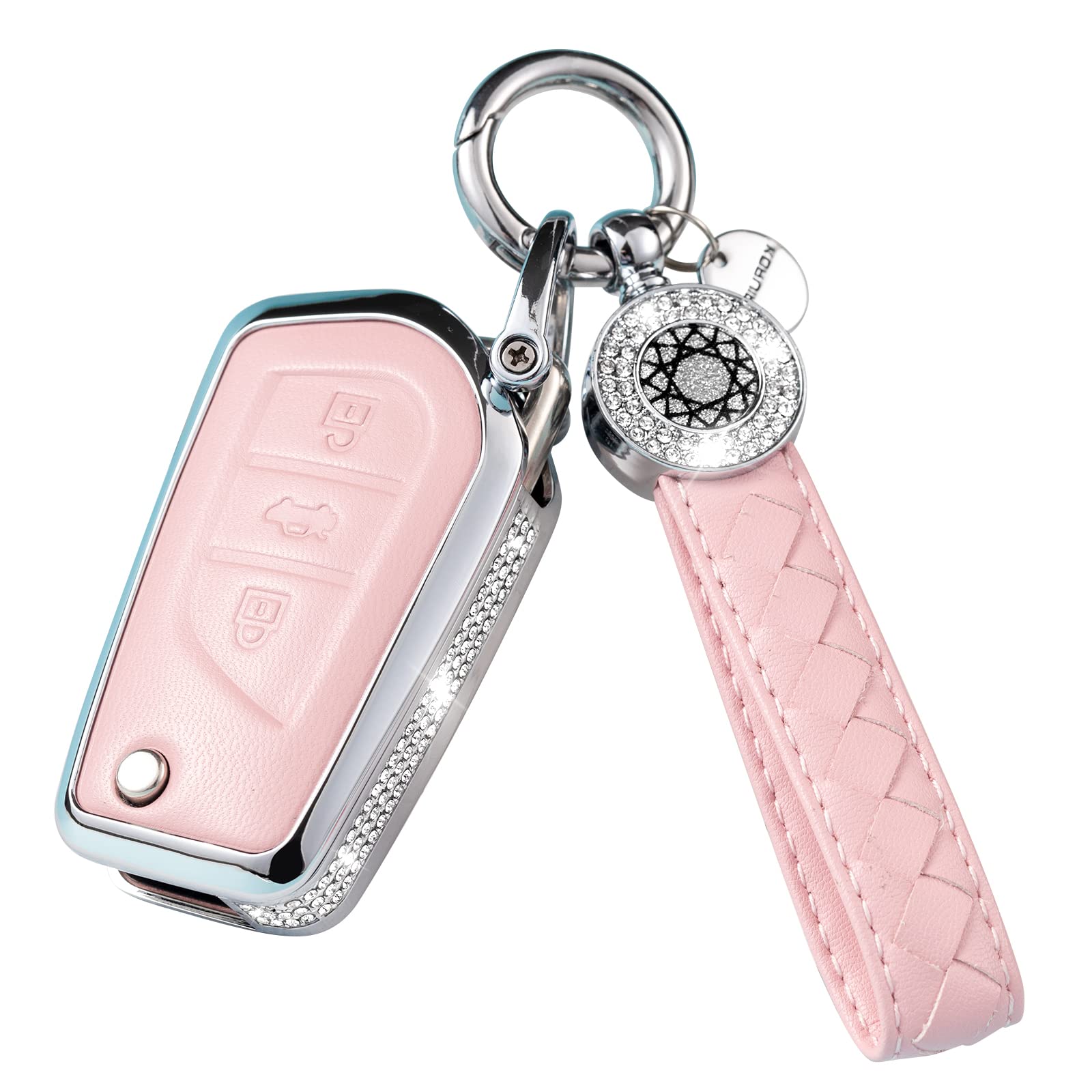 Ruabiban Compatible With Toyota Key Fob Cover With Keychain, Pink Genuine Leather Crystal Key Case Protection Shell For Fortuner