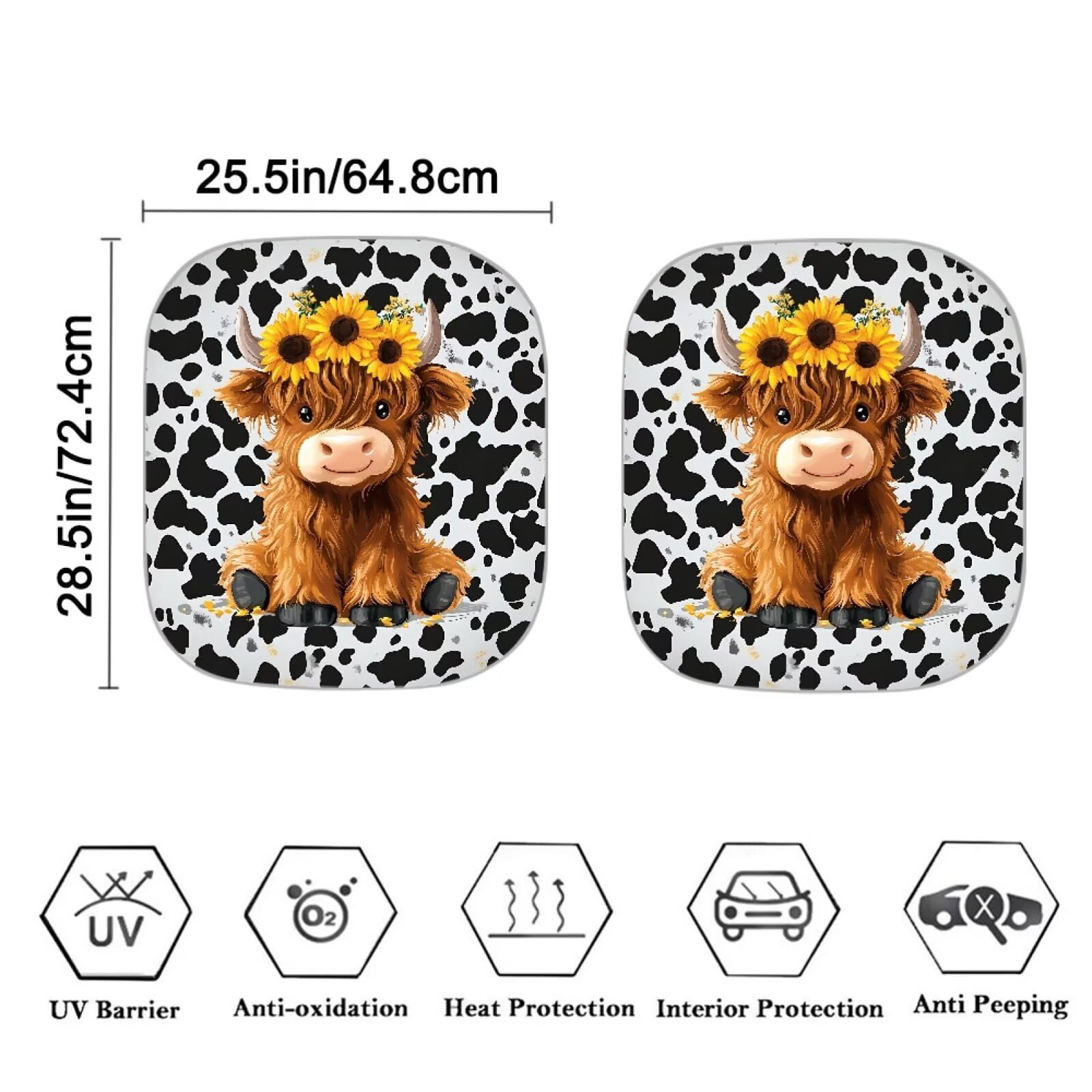 Huisefor Highland Cow 2 Piece Car Windshield Cover Cow Print Car Sun Shade For Summer Heat Resistant Automotive Windshield Sunsh