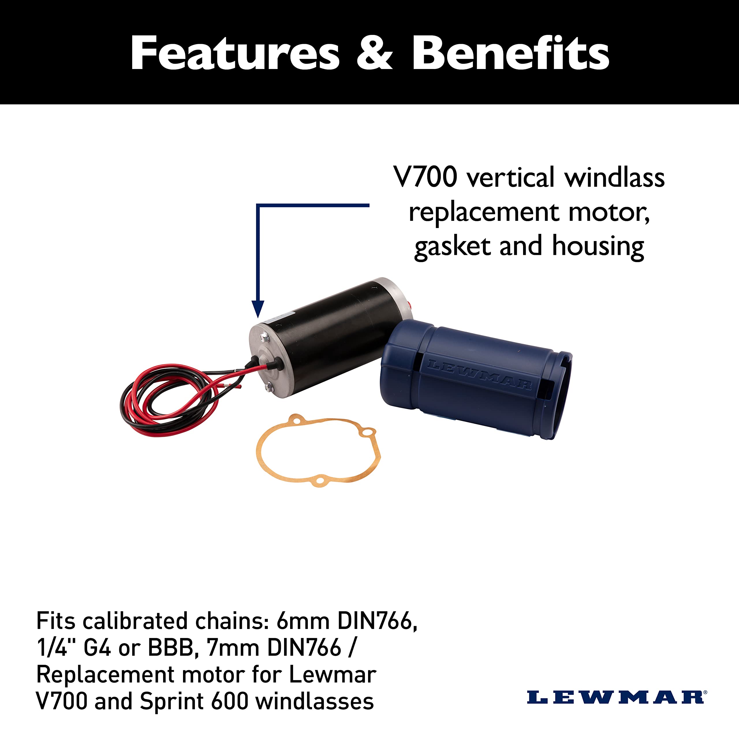 Lewmar Motor Kit, Fits Calibrated Chains: 6Mm Din766, 1/4'' G4 Or Bbb, 7Mm Din766 / Replacement Motor For V700/Sprint 600 Windla