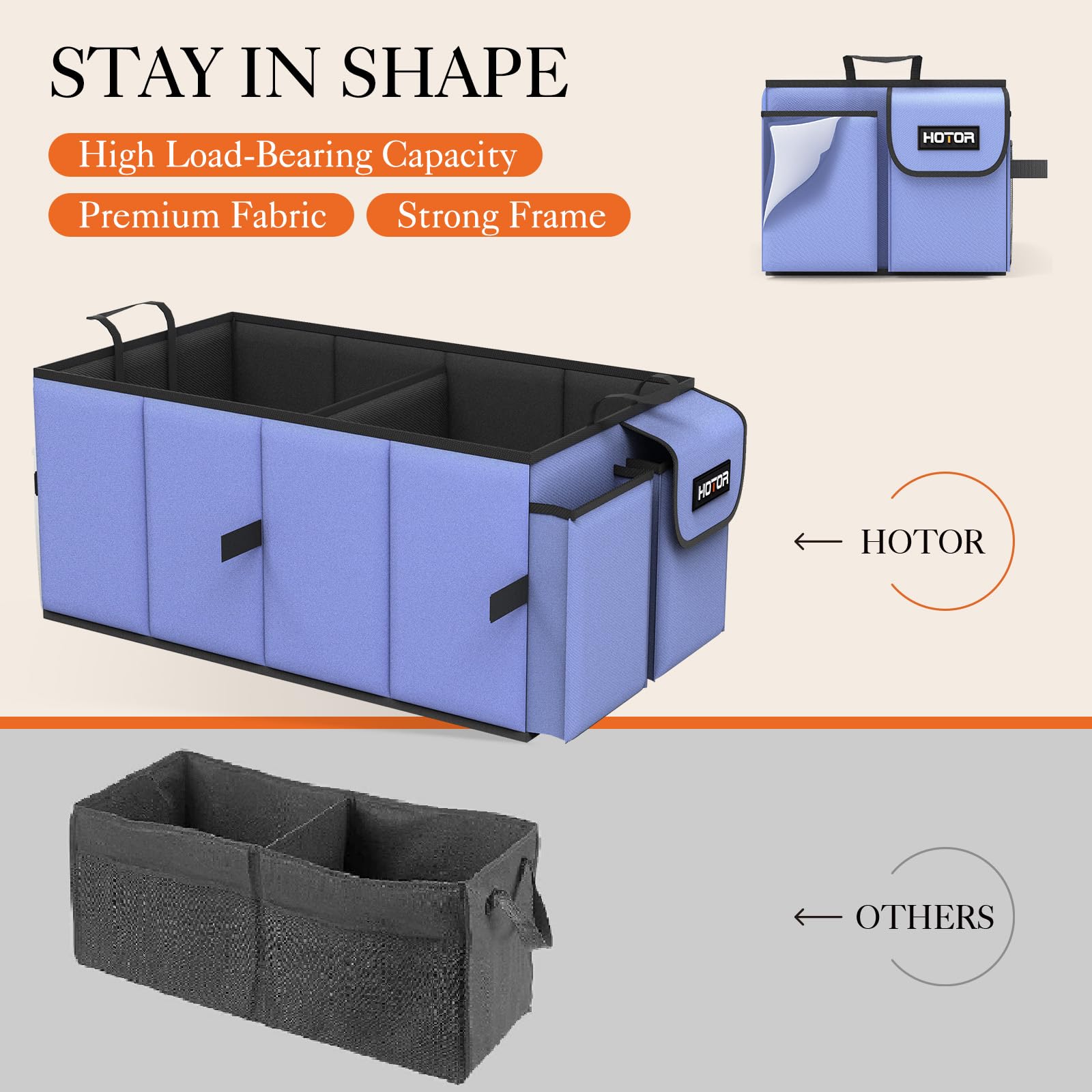 Hotor Large-Capacity Trunk Organizer - Foldable For Suvs & Sedans, Sturdy Organization For Car Accessories, Tools, Sundries, Blu