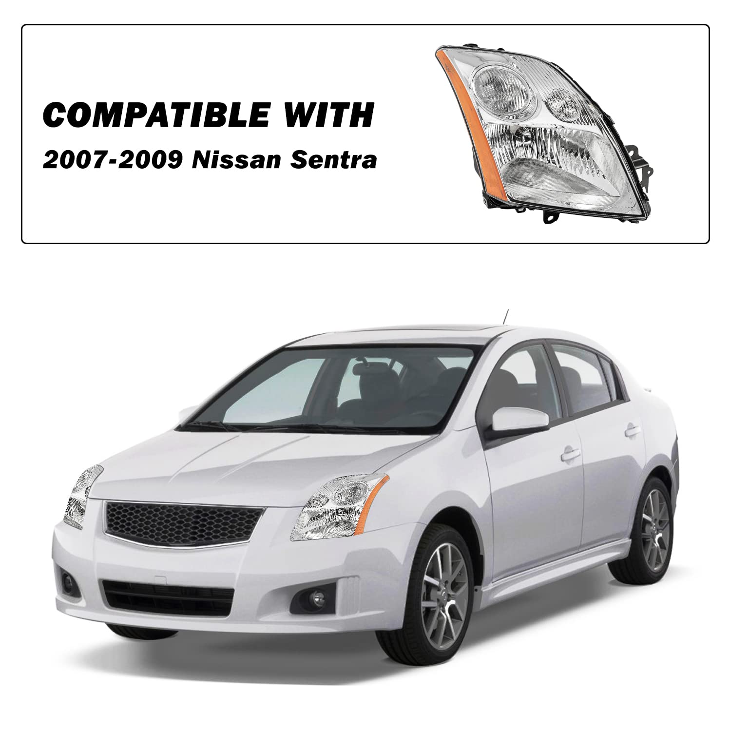 Sockir Headlight Assembly Compatible With 2007-2009 Nissan Sentra Chrome Headlamp Passenger & Driver Side