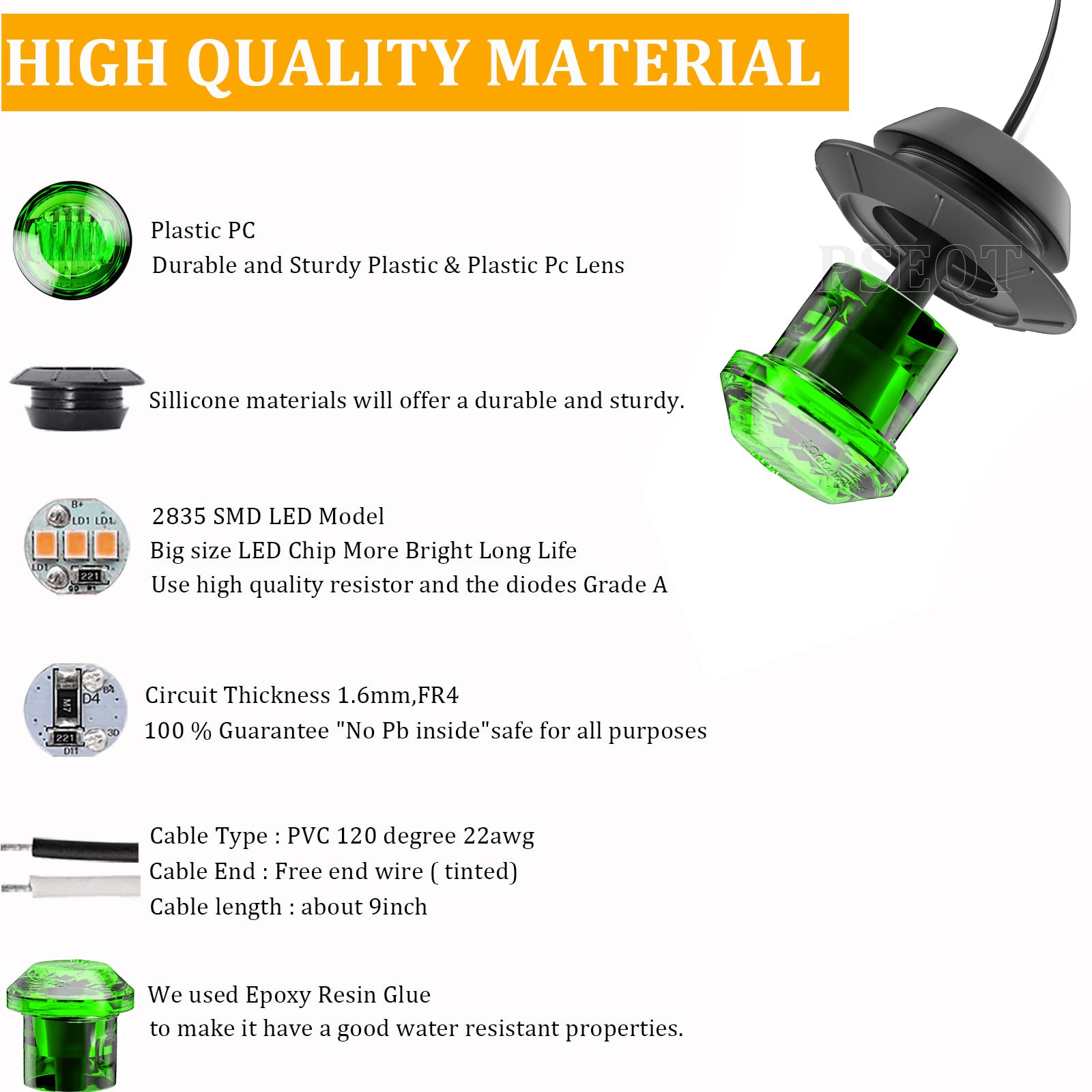 PSEQT 20PCS Green LED Side Marker Lights, 3/4 Waterproof Clearance Indicators for Trailer, Truck, Car, RV, ATV, UTV