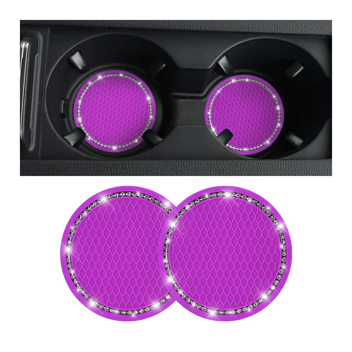 Car Cup Holder Coaster, 2 Pcs Universal Bling Crystal Rhinestone Car Accessories 2.75 Inch Auto Anti Slip Cup Holder Insert Mat Pad Set,Suitable For Most Car Interior (Purple)