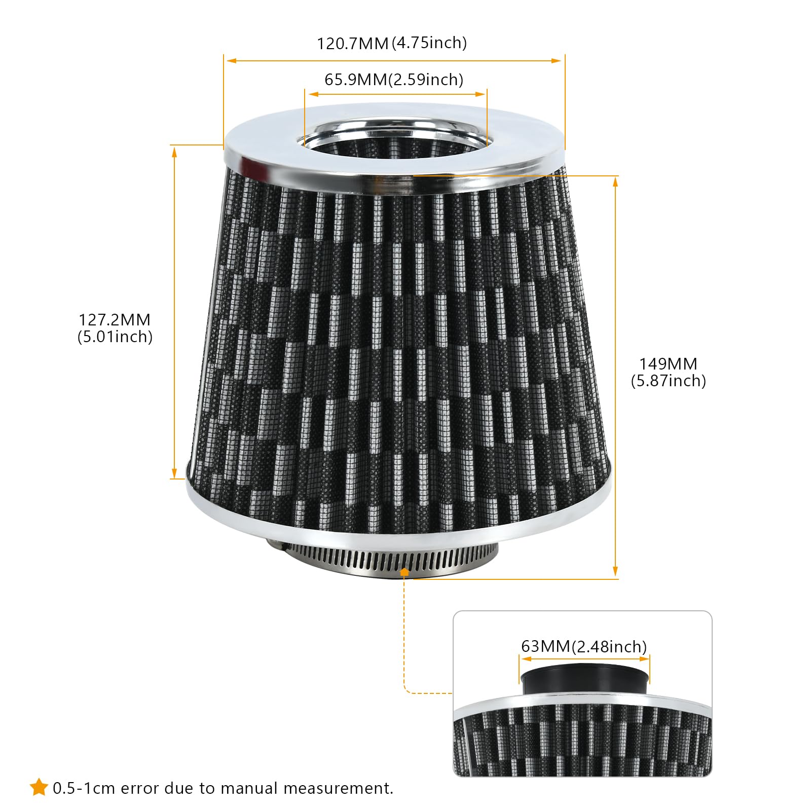 Ptnhz Universal Carbon Fiber 2.5'' 63Mm High Flow Cold Air Intake Cone Air Filter Power Intake Air Inlet System Air Cleaner