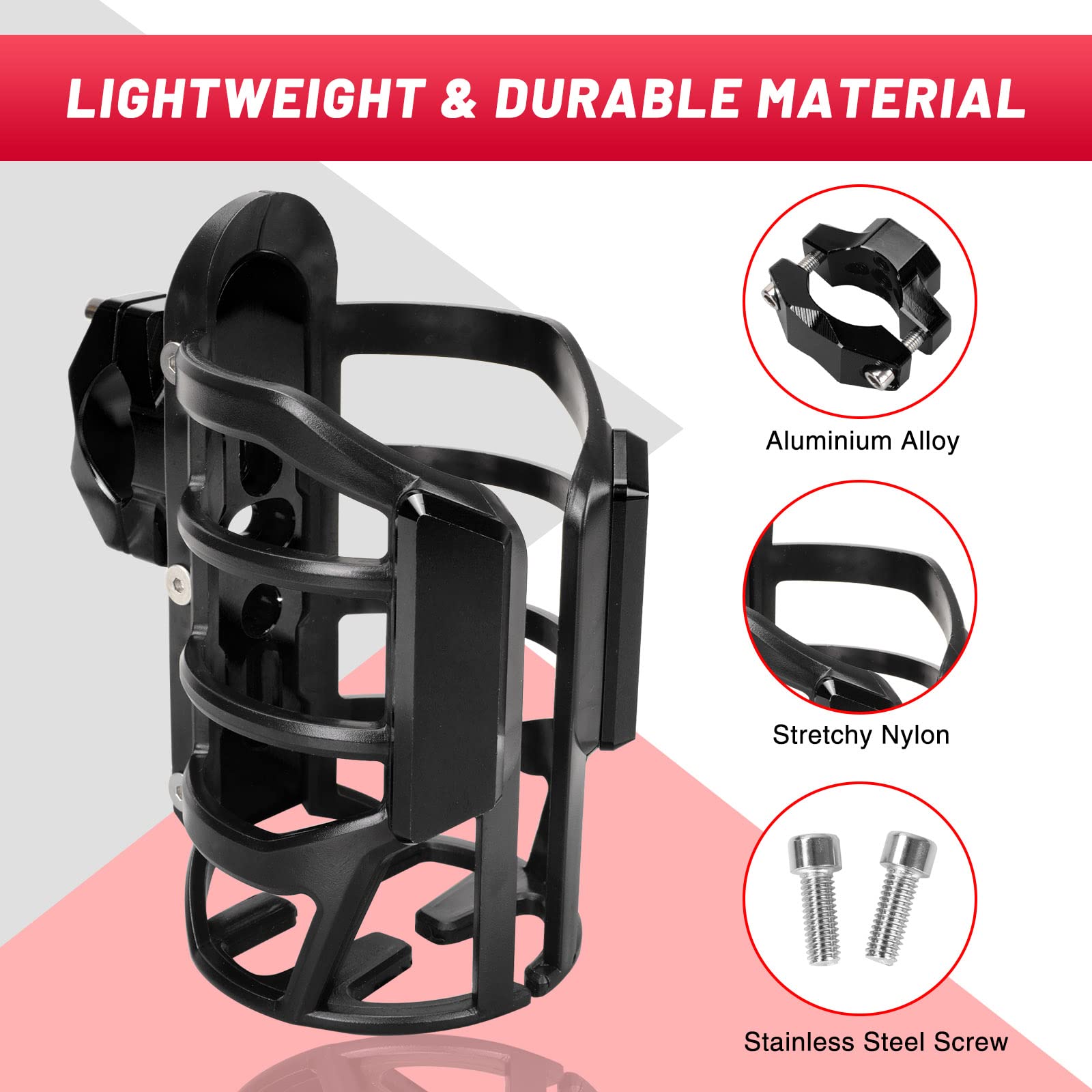 Tongze Bike Cup Holder Aluminum Alloy Motorcycle Cup Holder with Stretchy Plastic Shell Stainless Steel Screws Motorcycle, Bicyc