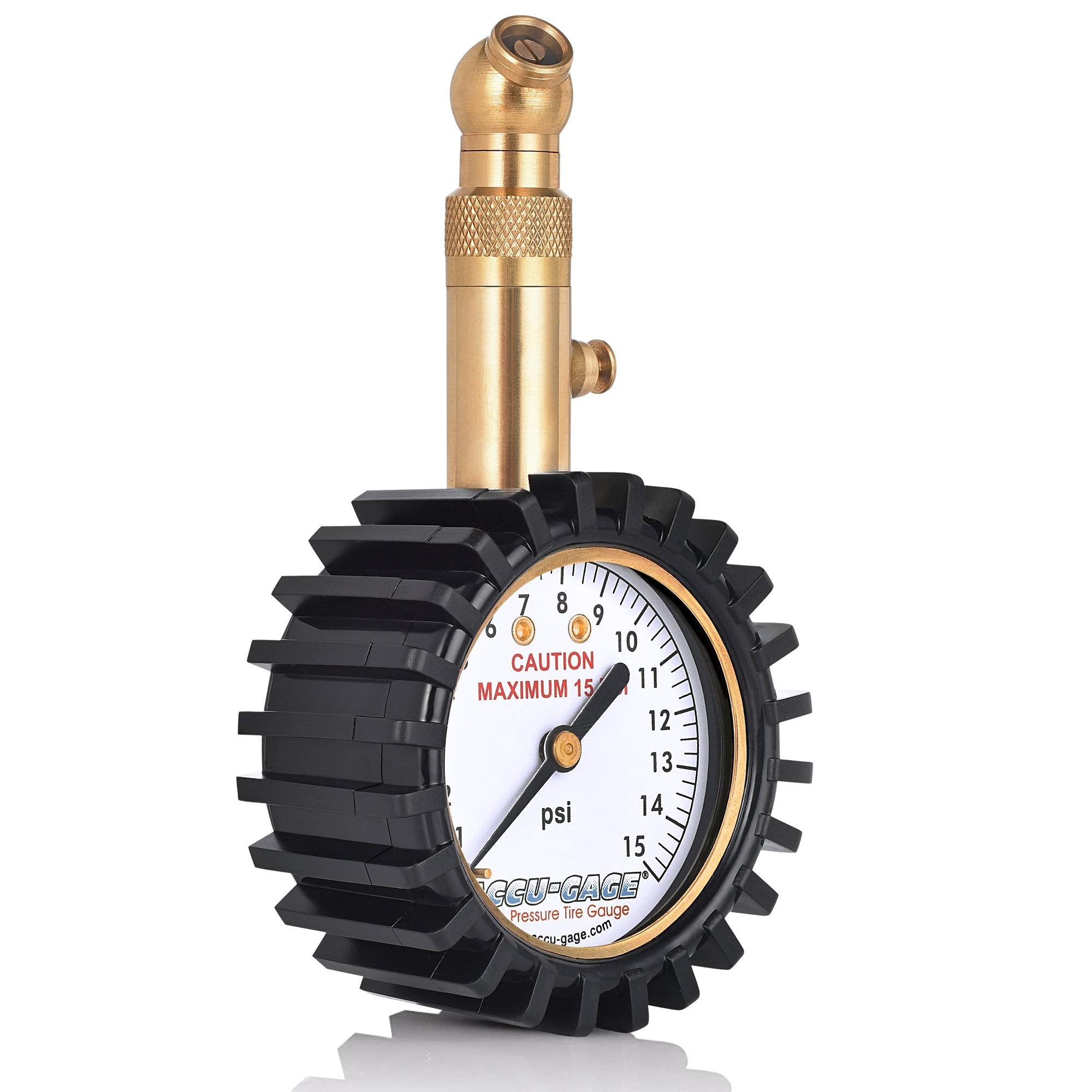 Accu-Gage Low Pressure Tire Gauge with Protective Rubber Guard, Angled Chuck, 15psi