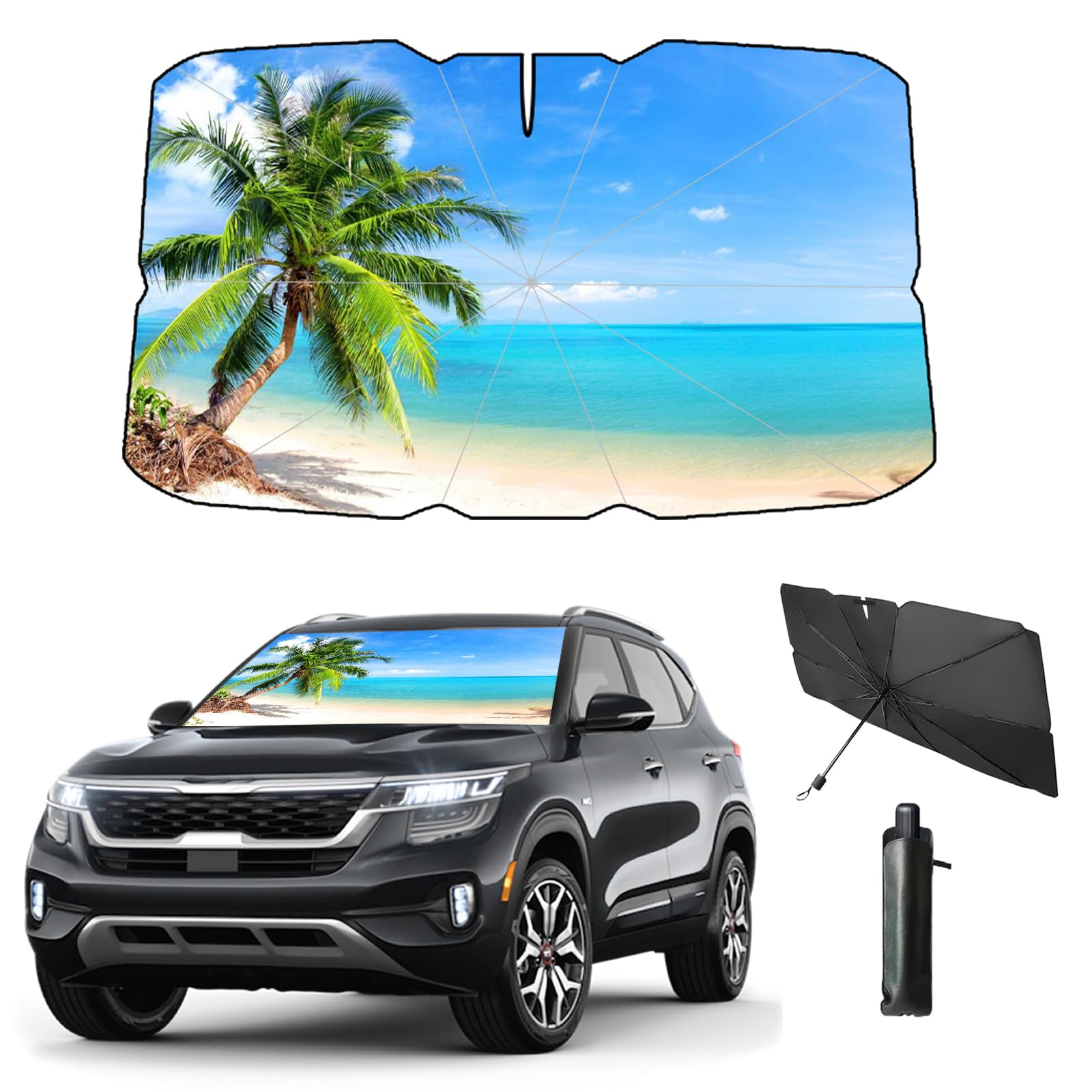 Coricha Windshield Sun Shade Beach Sunset Palm Tree Car Shades for Front Windows Umbrella 100% Blackout Sunshades Car Accessorie