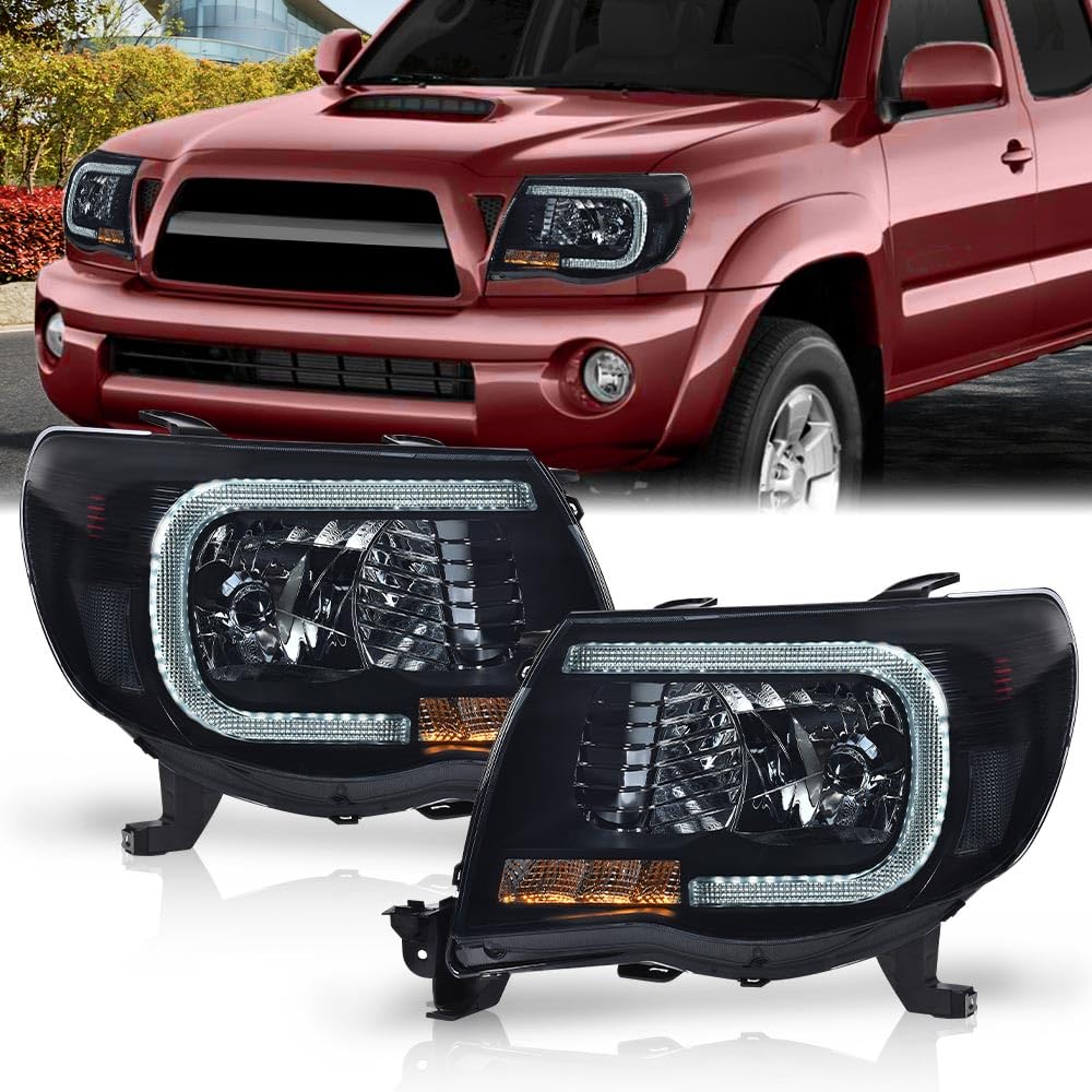 G-Plus Led Drl Tube Halo Projector Headlights W/O Bulbs Compatible With 2005-2011 Toyota Tacoma Smoke Lens Black Housing Clear R
