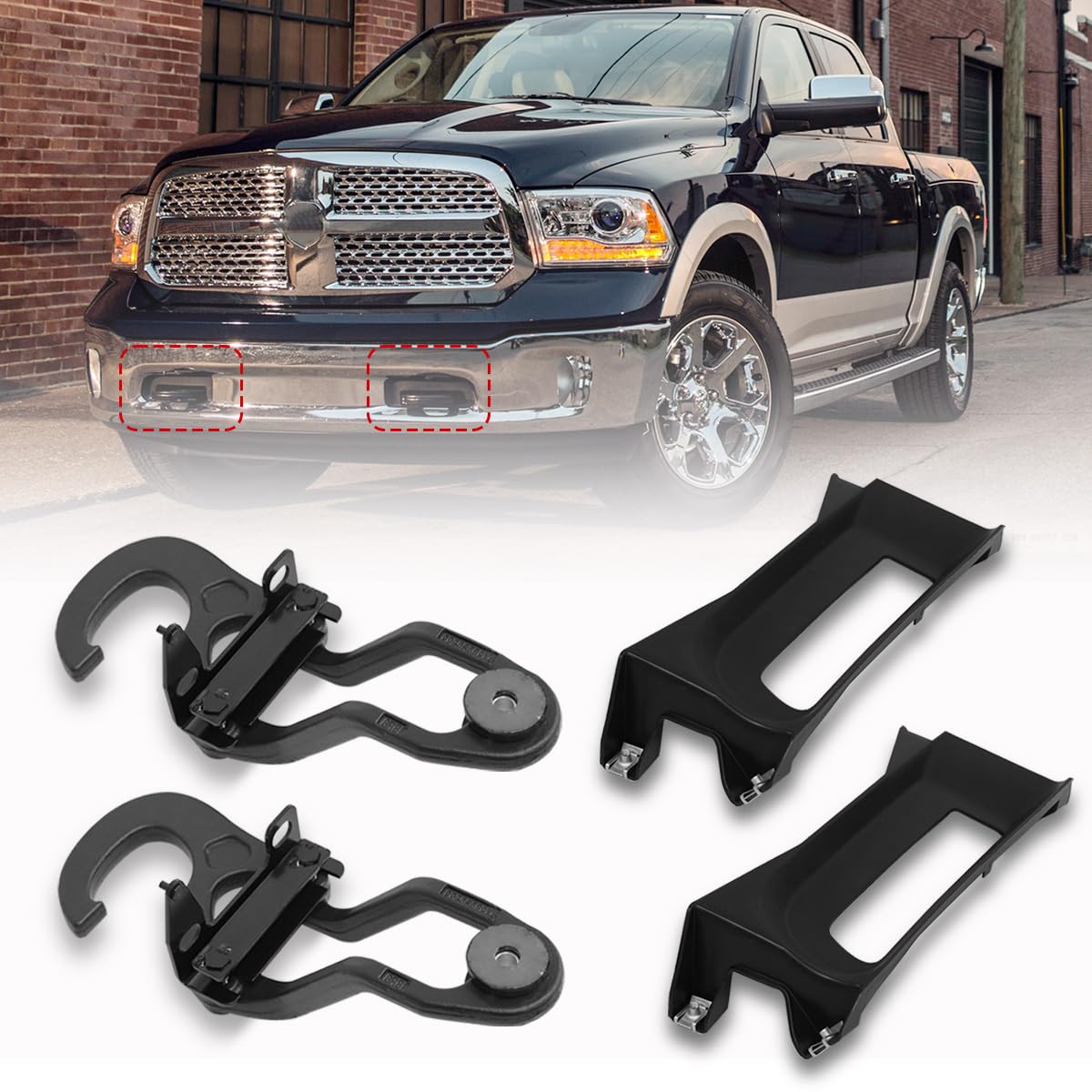 EEYGATUO 4PCS Front Tow Hooks & Bezel Compatible with Dodge Ram 1500 2009-2019 (2019 Classic Style only) Front Bumper Tow Hooks 