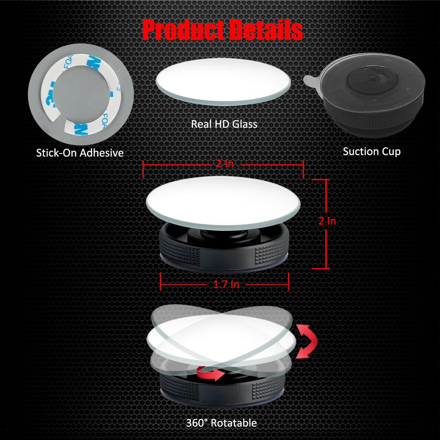 Suction Cup Blind Spot Mirror, Ampper 2'' Hd Glass Frameless Removable Convex Wide Angle Rear View Mirror (Round, Pack Of 2)