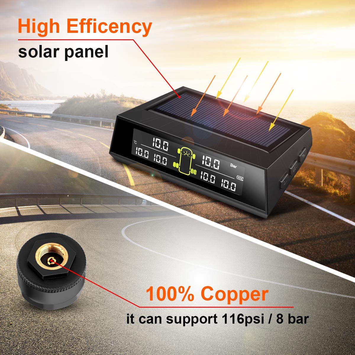 RV TPMS Tire Pressure Monitoring System, TS200 Solar Wireless TPMS with 6 Tire External Sensors Digital LCD Display RV Auto Secu