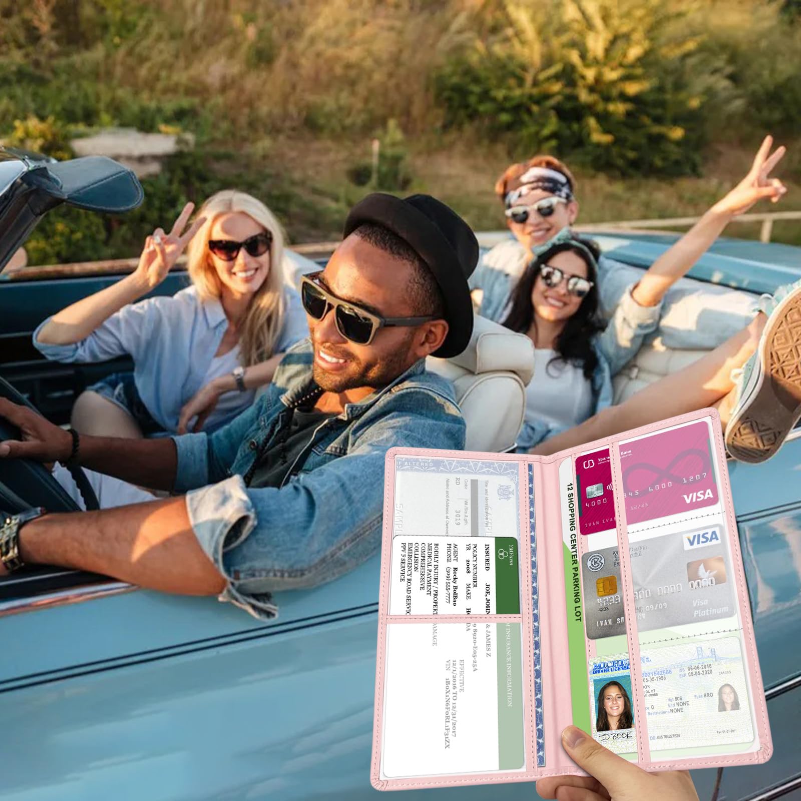 Yeecase Car Registration And Insurance Holder, Car Document Holder With Closure, Pink With Letters Wallet Case Auto Vehicle Car