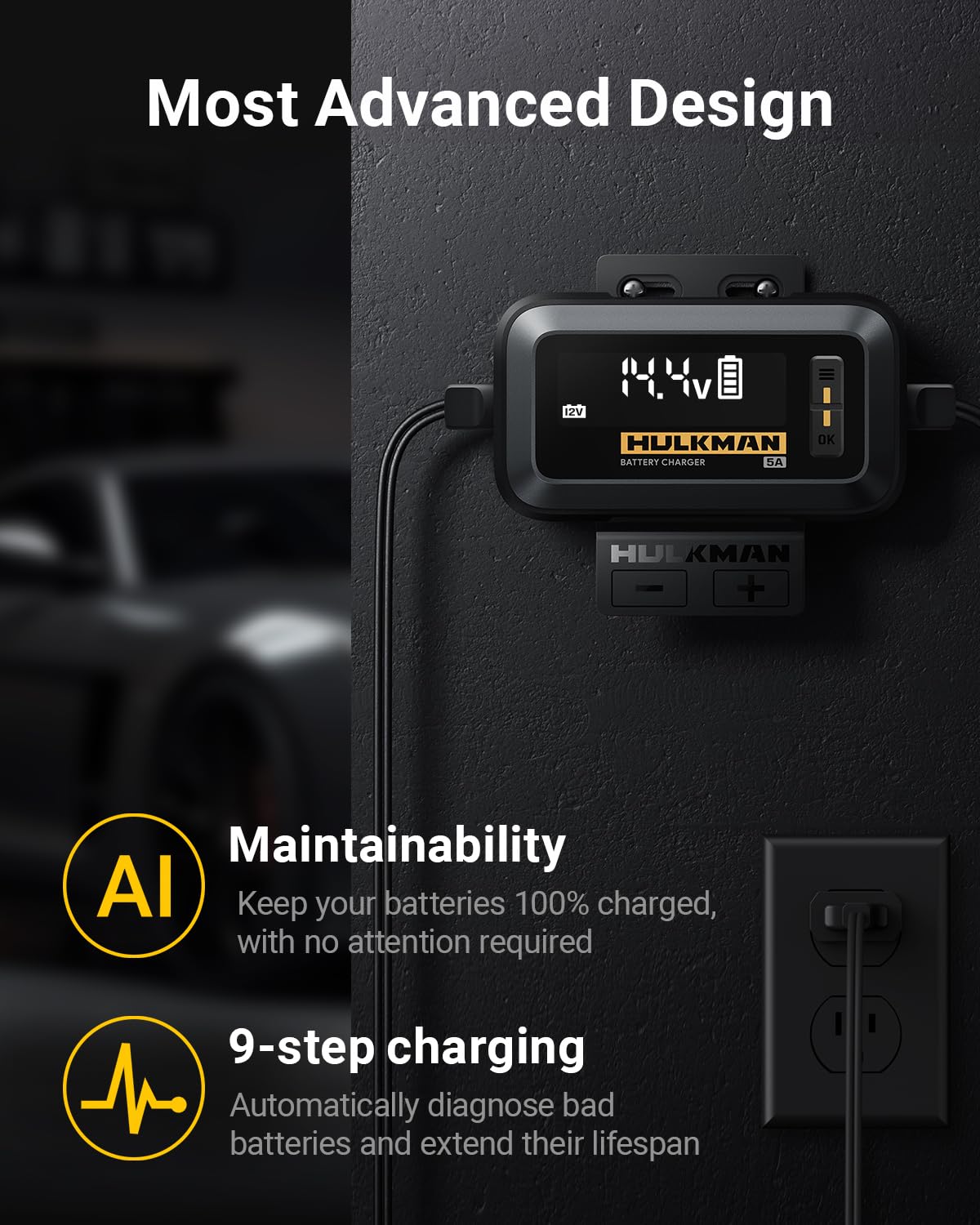 Hulkman Sigma 5 Battery Trickle Charger, 5A 6V/12V Automatic Smart Car Battery Charger, Battery Maintainer, And Desulfator With Intelligent Interface For Car, Motorcycle, Atv, Lithium And Deep Cycle