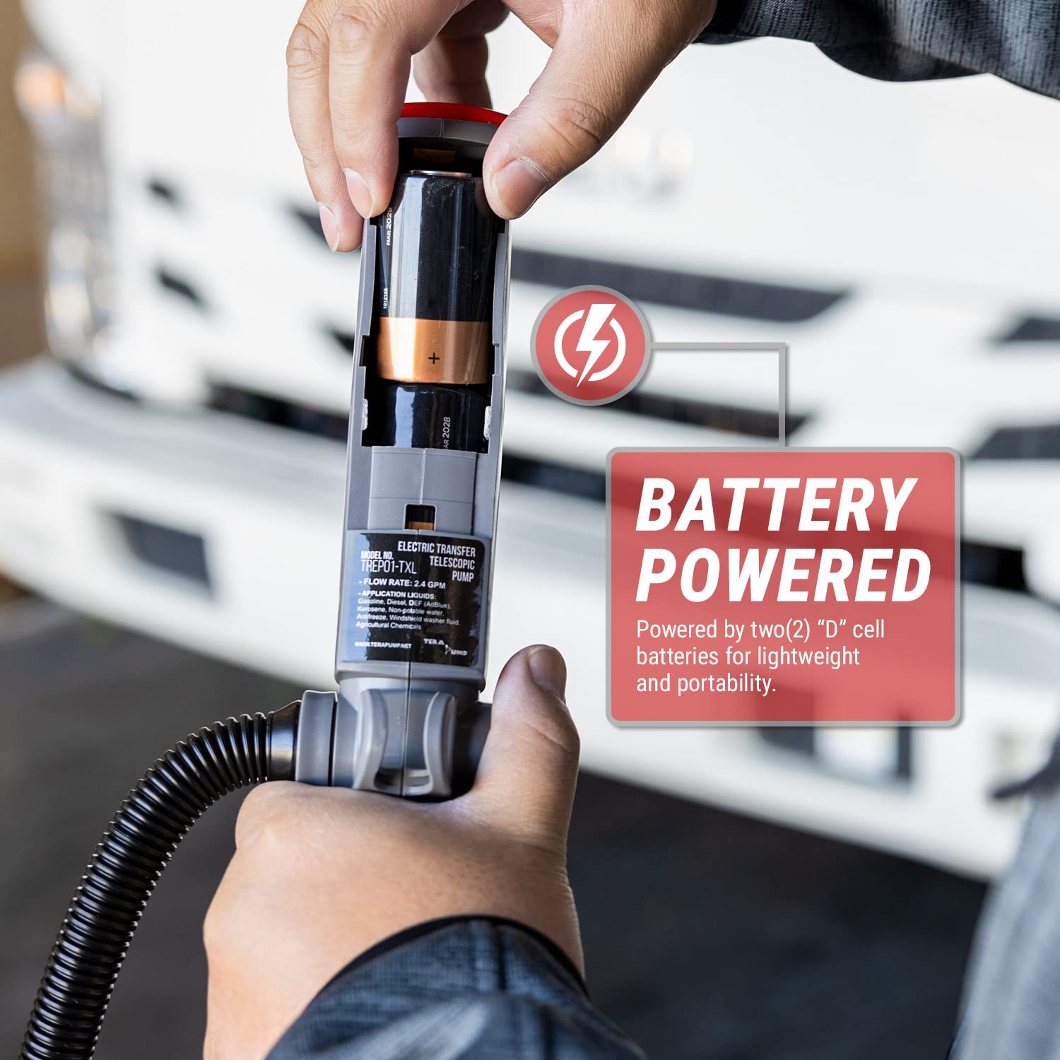 Tera Pump Fuel Transfer Pump W/Quick Flow Control Nozzle & Telescopic Tube - 3X Powerful D Battery Powered, 10Ft Xl Long Discharge Hose, Multipurpose Portable Battery Pump For Gas, Diesel (2.4 Gpm)