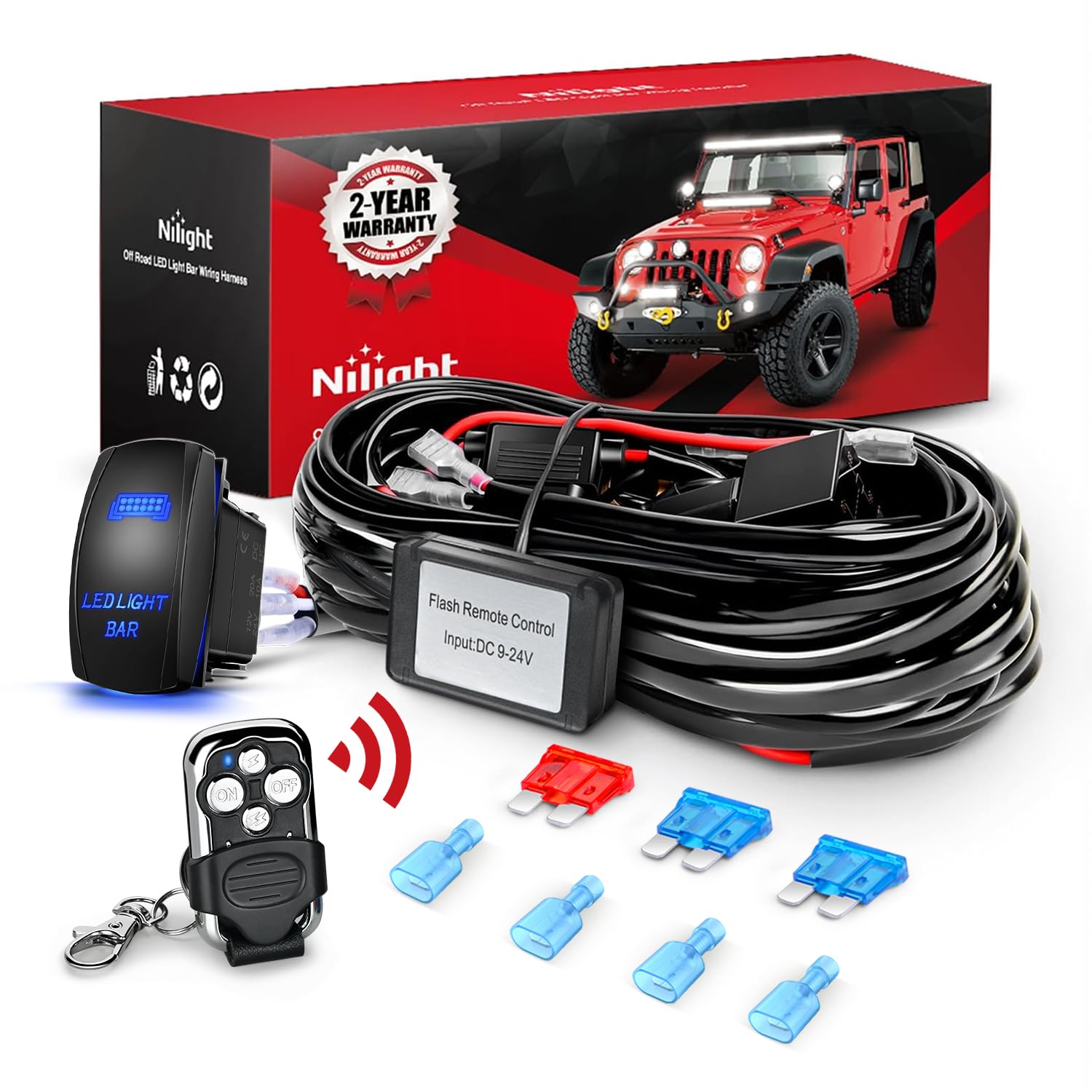 Nilight Remote Wiring Harness For Led Light Bar Wireless Strobe Flash Work Driving Lights 12V 15A 16Awg Controller 5Pin Switch W