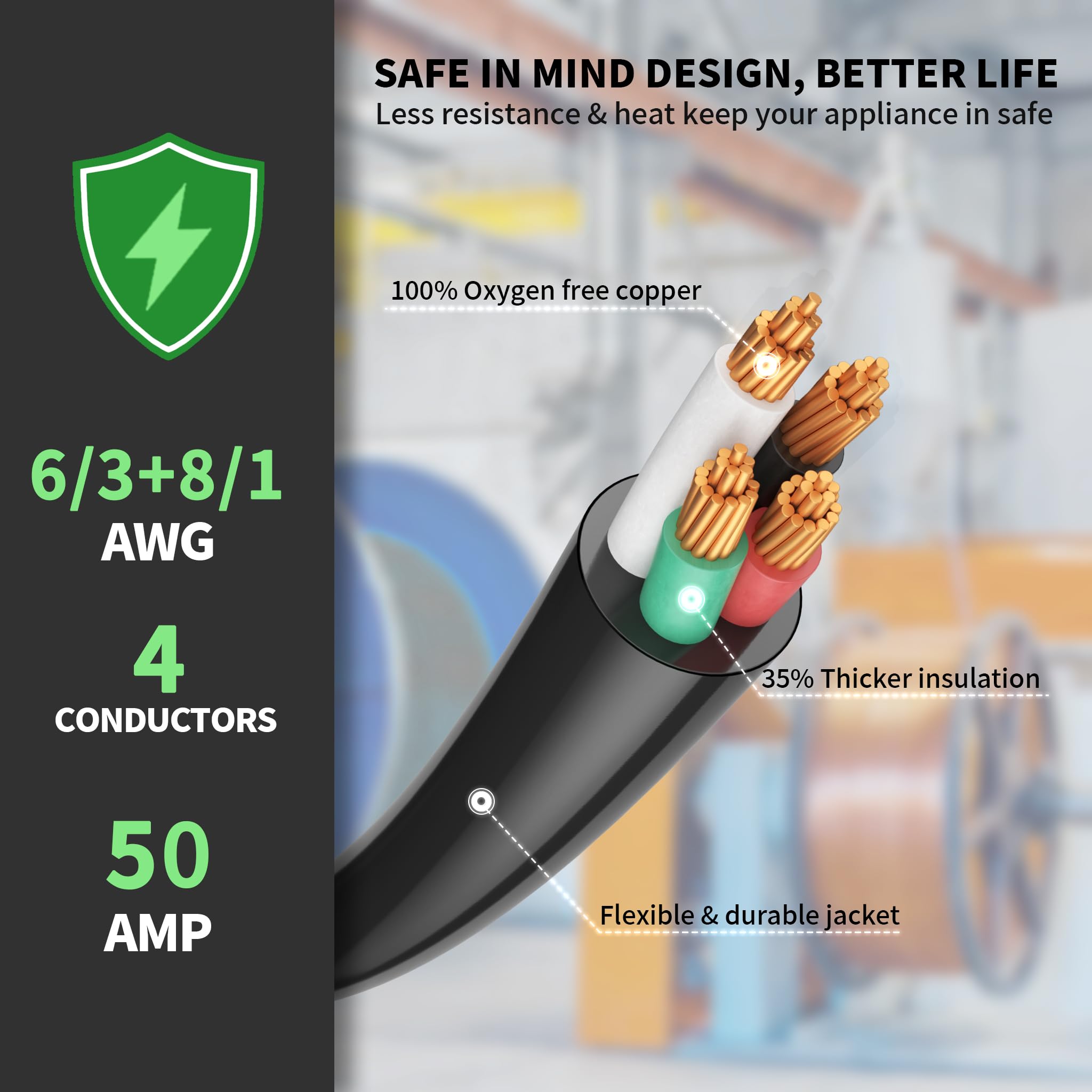 Powgrn 50 Amp Rv/Ev Extension Cord 50 Ft Outdoor With Grip Handle, Flexible Heavy Duty 6/3+8/1 Gauge Stw 4 Prong Rv Power Cord W