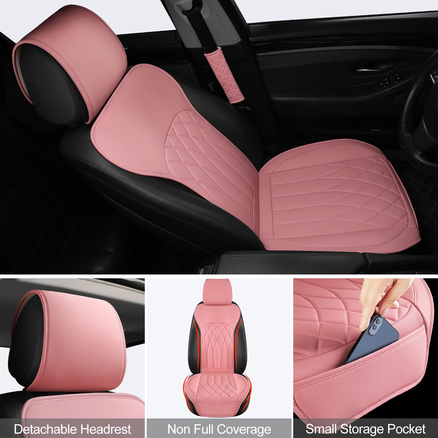 Beitk 2 Pack Leather Front Car Seat Covers, Universal Sideless Car Seat Protectors With Storage Pocket And Seat Belt Pads, Waterproof Automotive Seat Cover For Cars Trucks Suv(Pink)